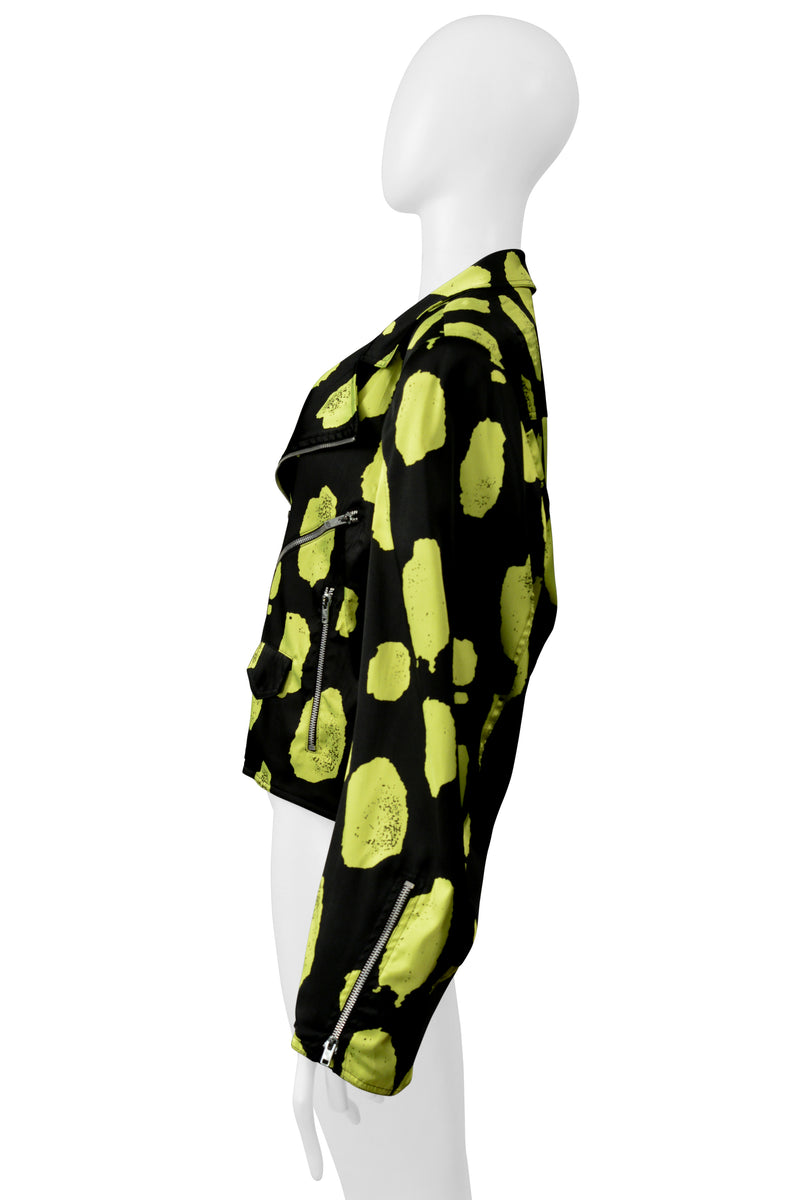 STEPHEN SPROUSE BLACK & NEON GREEN SATIN MOTORCYCLE JACKET 1988