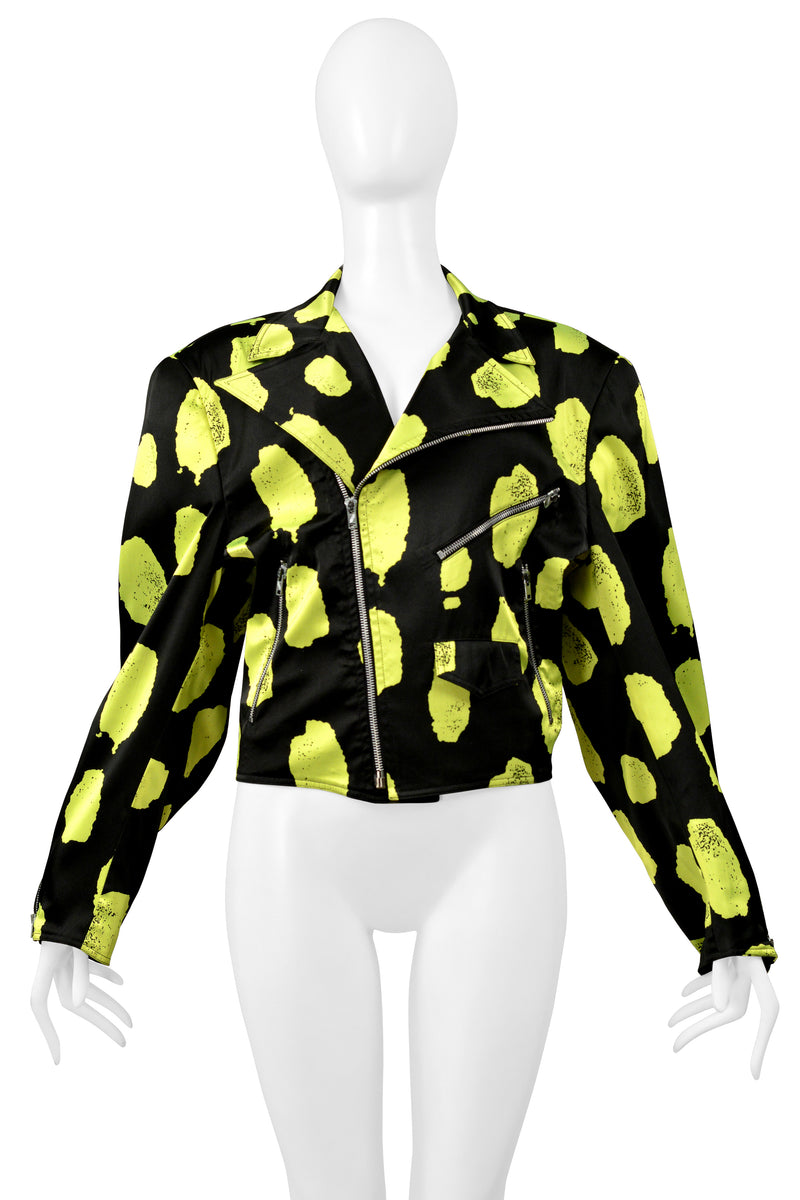 STEPHEN SPROUSE BLACK & NEON GREEN SATIN MOTORCYCLE JACKET 1988