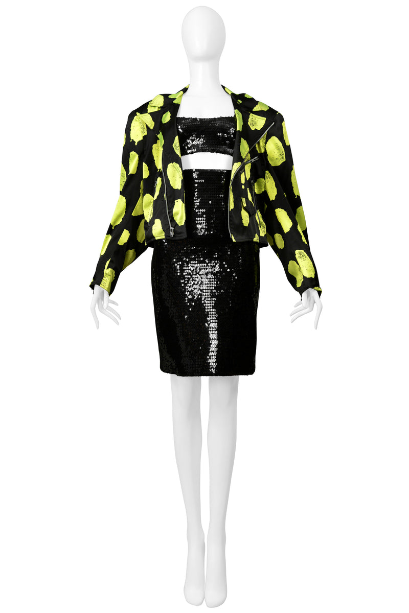 STEPHEN SPROUSE BLACK & NEON GREEN SATIN MOTORCYCLE JACKET 1988