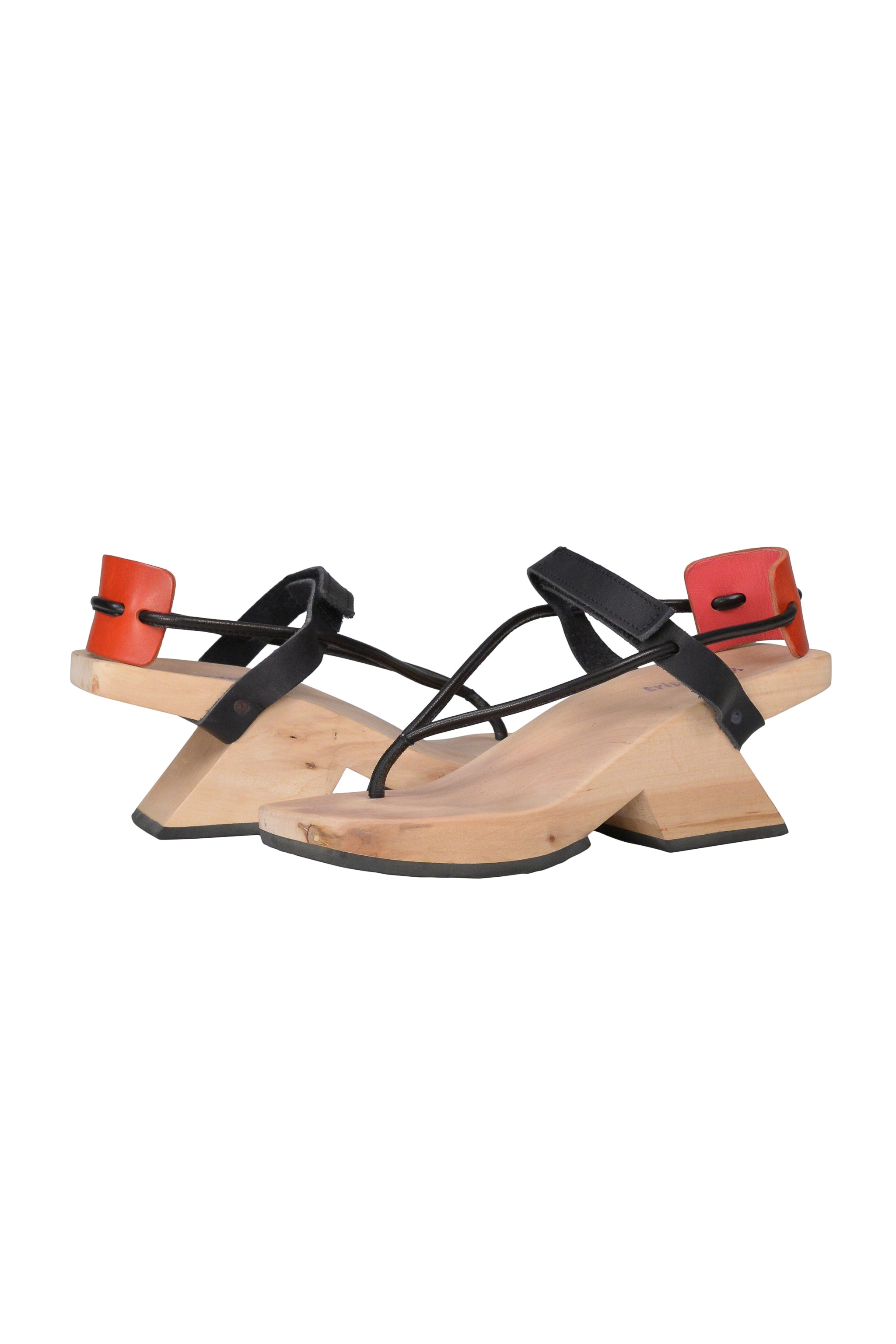 TRIPPEN BLACK & RED SANDALS WITH PLATFORM WOODEN HEELS 2000