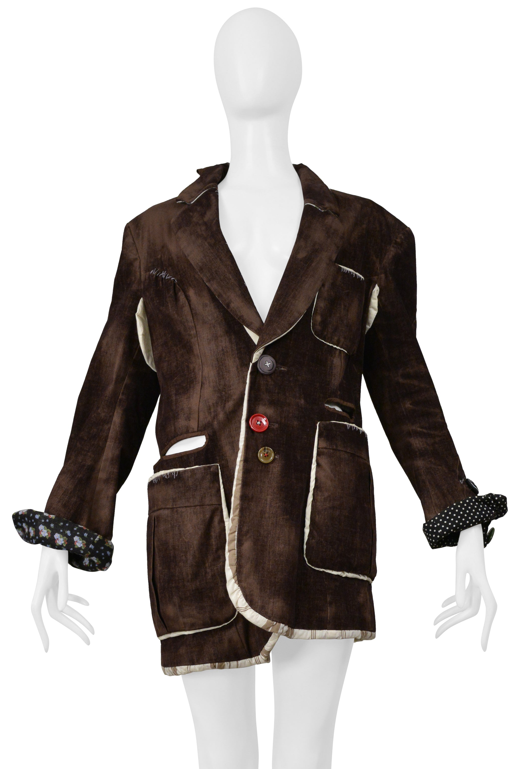 UNDERCOVER DECONSTRUCTED BROWN DISTRESSED VELVET JACKET WITH CUTOUTS 2004