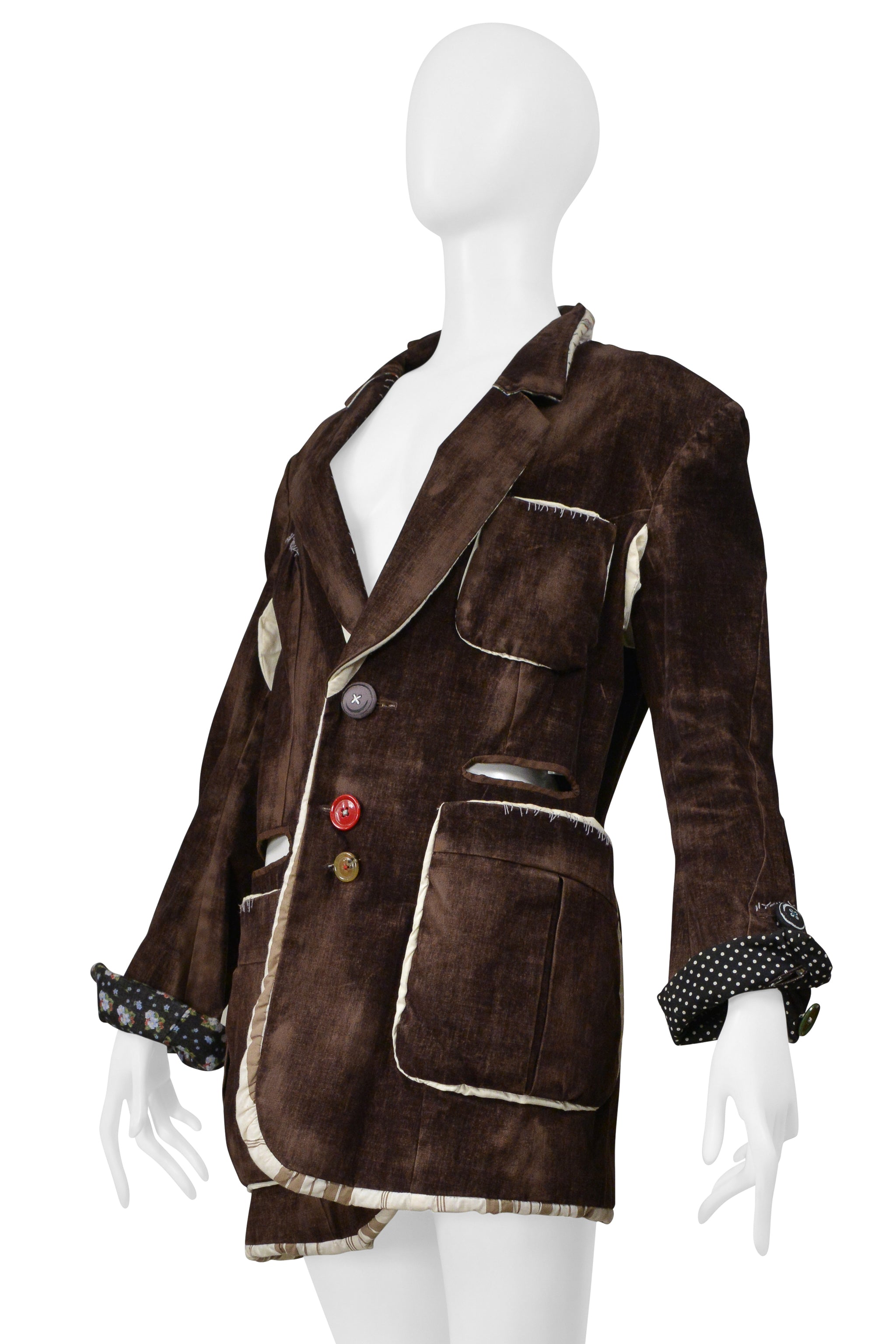 UNDERCOVER DECONSTRUCTED BROWN DISTRESSED VELVET JACKET WITH CUTOUTS 2004