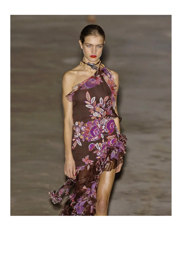 UNGARO ASYMMETRICAL BROWN AND PURPLE FLORAL POLKA DOT DRESS 2003