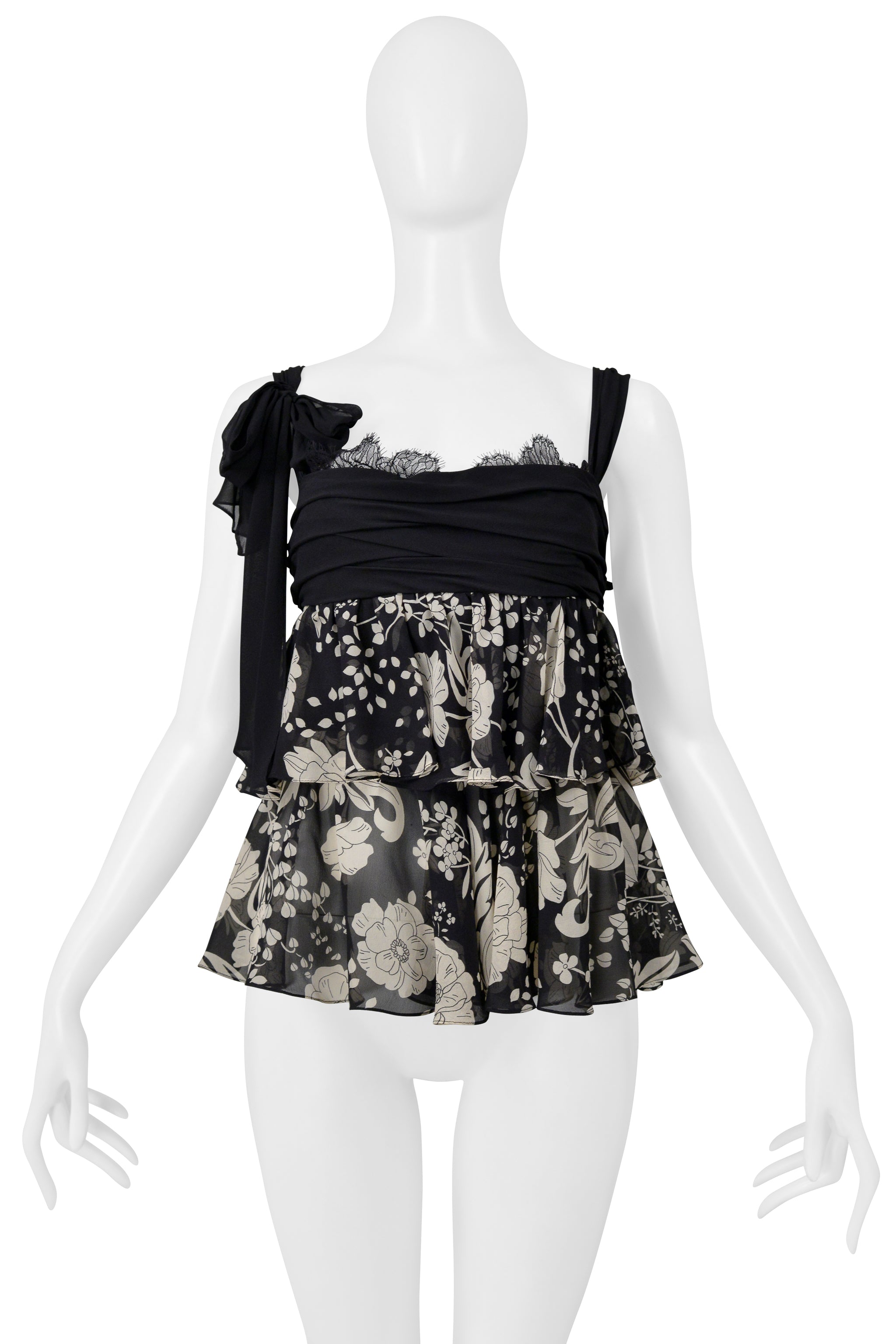 UNGARO BLACK FLORAL PRINT CAMISOLE TOP WITH LACE