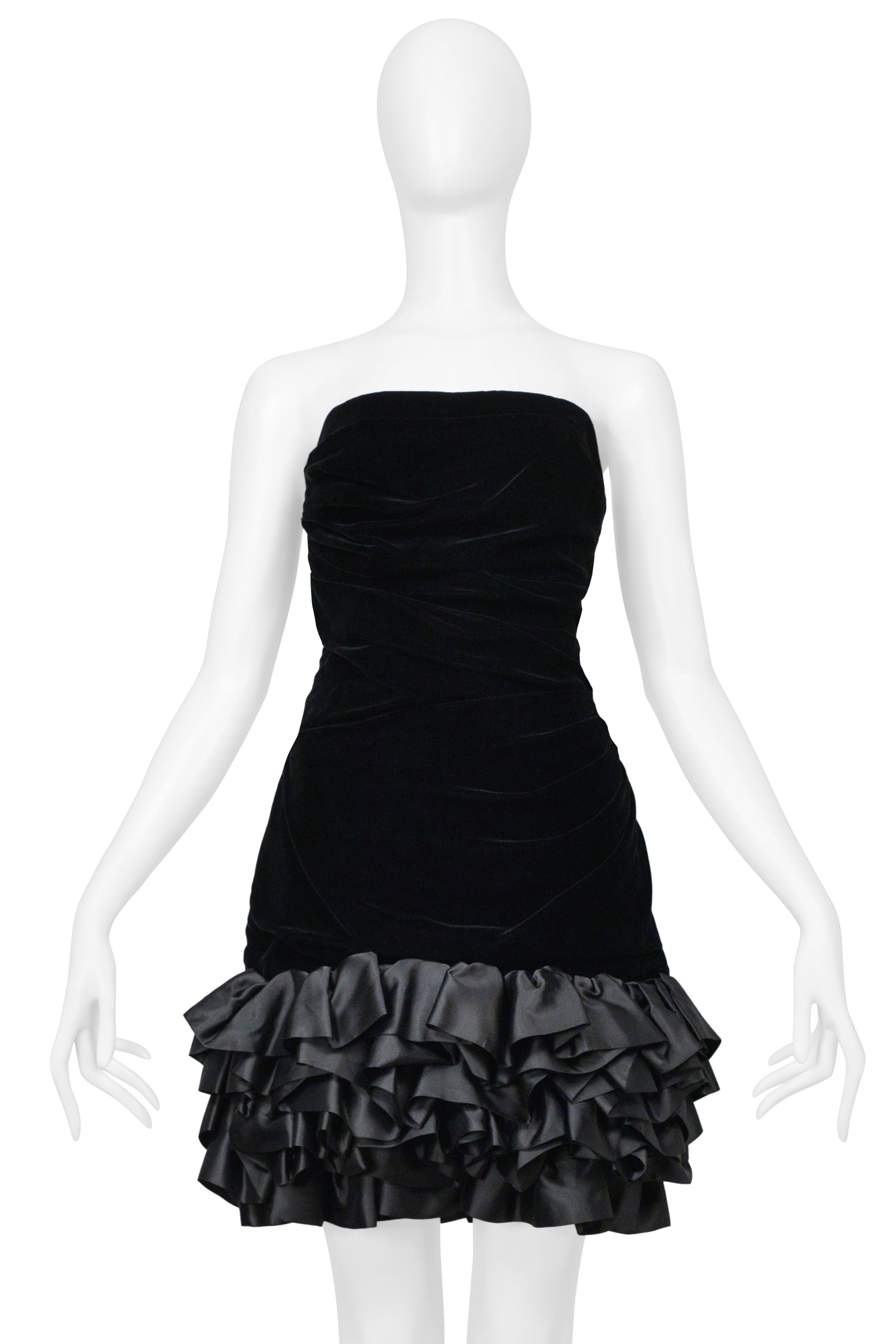UNGARO BLACK VELVET COCKTAIL DRESS WITH SATIN RUFFLE HEM