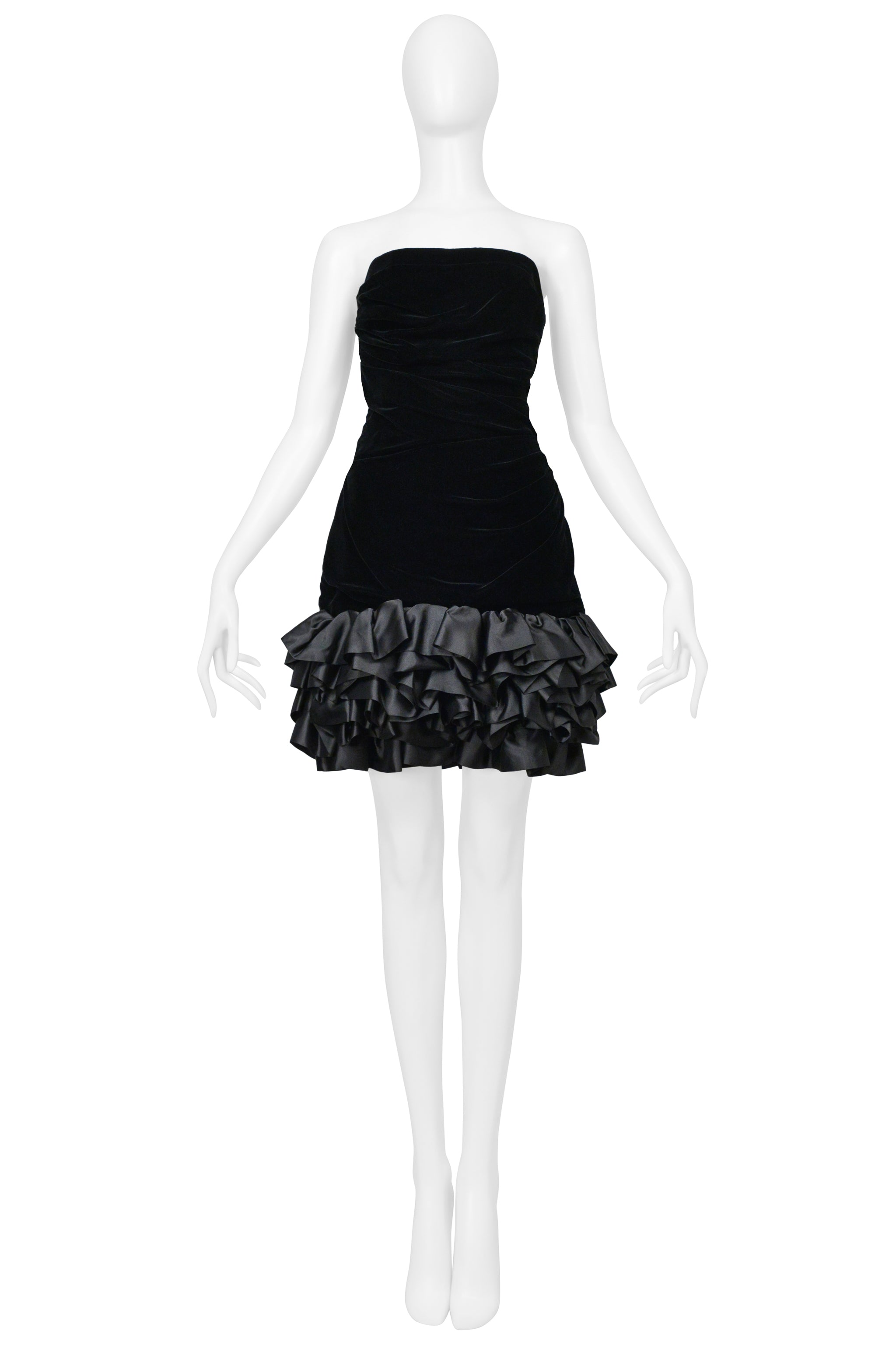 UNGARO BLACK VELVET COCKTAIL DRESS WITH SATIN RUFFLE HEM