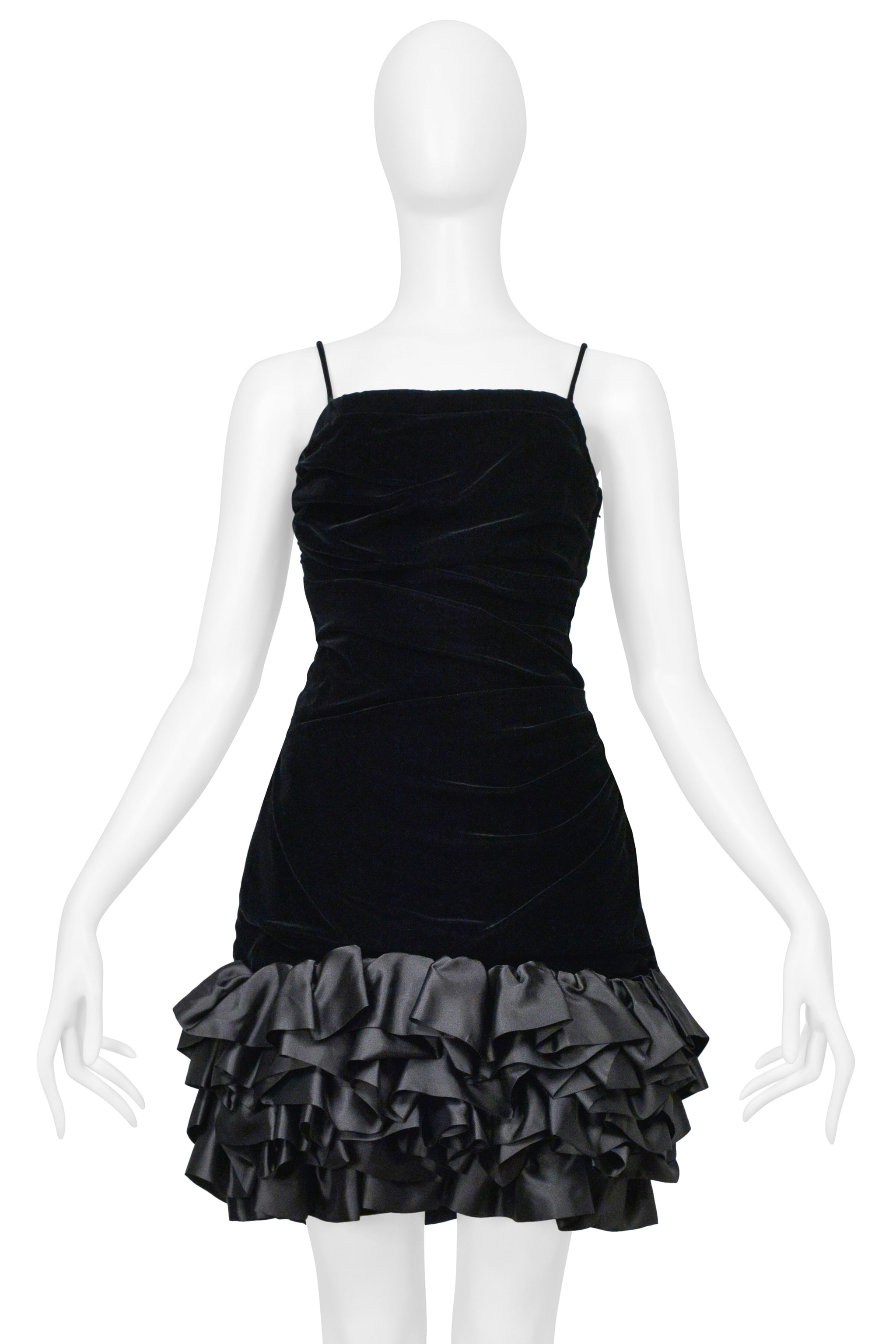 UNGARO BLACK VELVET COCKTAIL DRESS WITH SATIN RUFFLE HEM