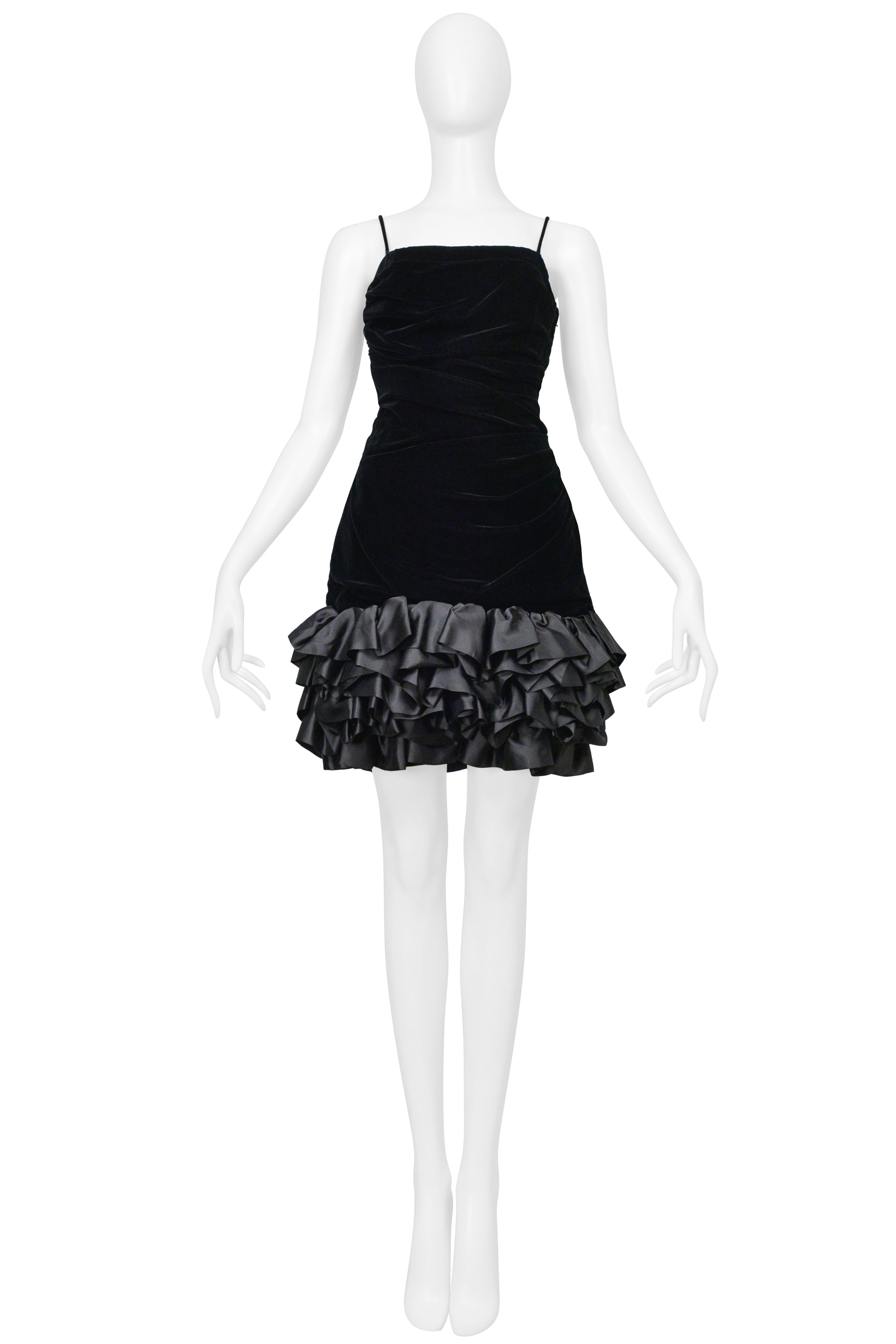 UNGARO BLACK VELVET COCKTAIL DRESS WITH SATIN RUFFLE HEM