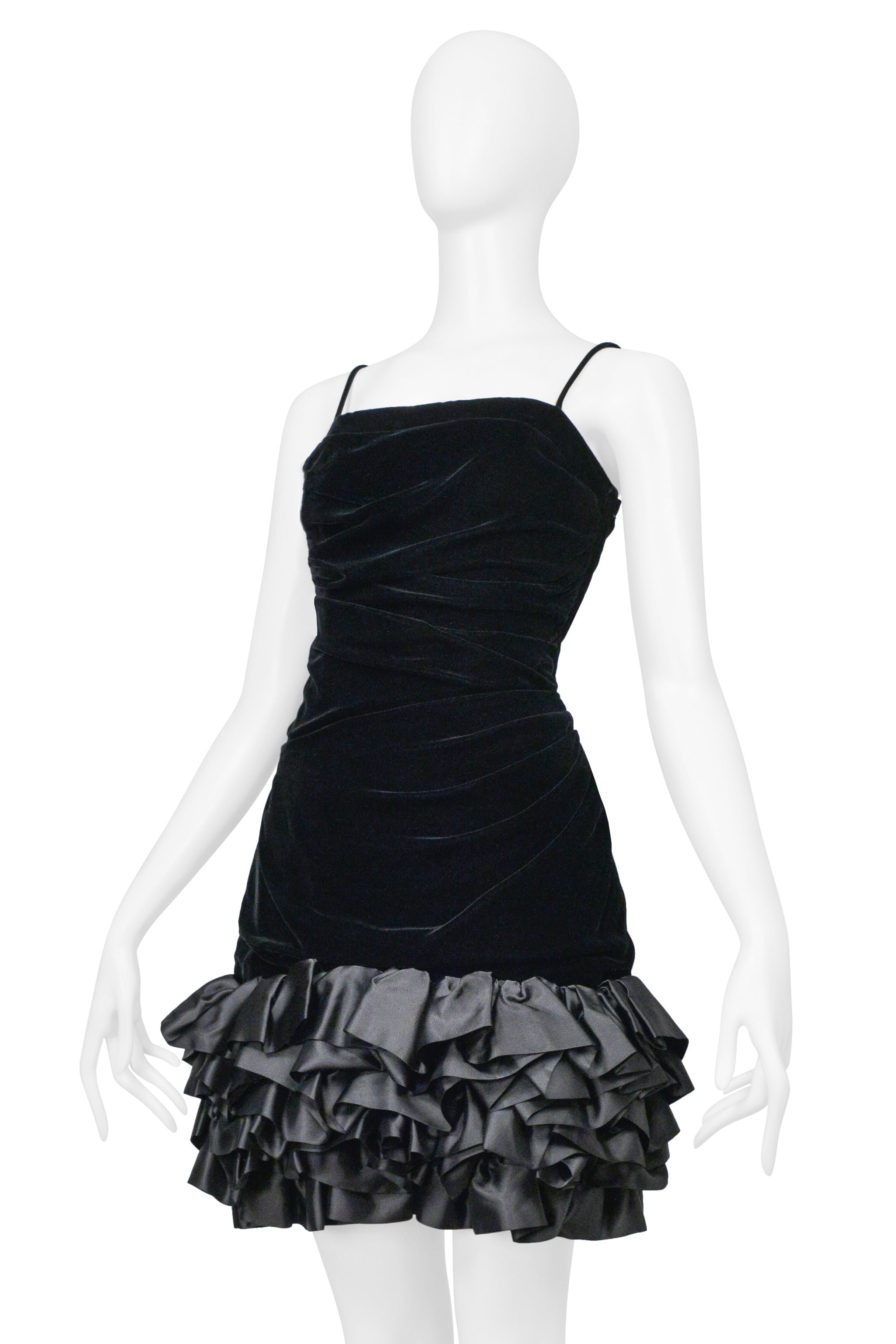 UNGARO BLACK VELVET COCKTAIL DRESS WITH SATIN RUFFLE HEM