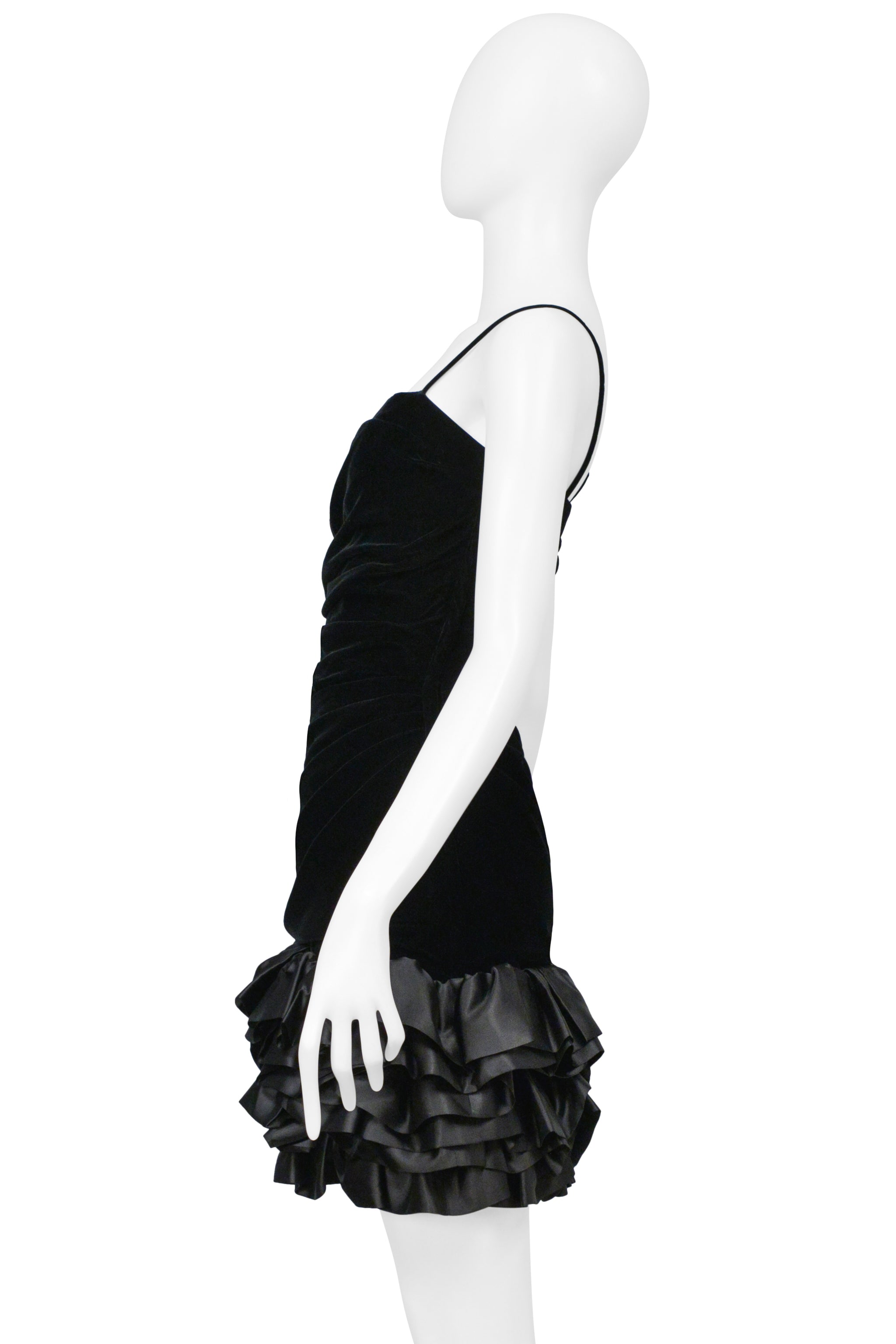UNGARO BLACK VELVET COCKTAIL DRESS WITH SATIN RUFFLE HEM