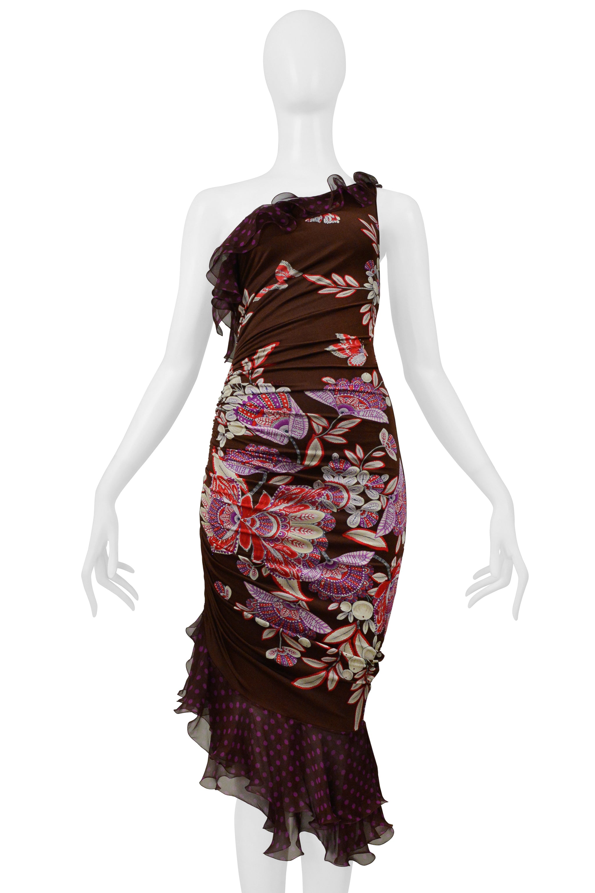 UNGARO BY GIAMBATTISTA VALLI ASYMMETRICAL BROWN AND PURPLE FLORAL POLKA DOT DRESS 2003