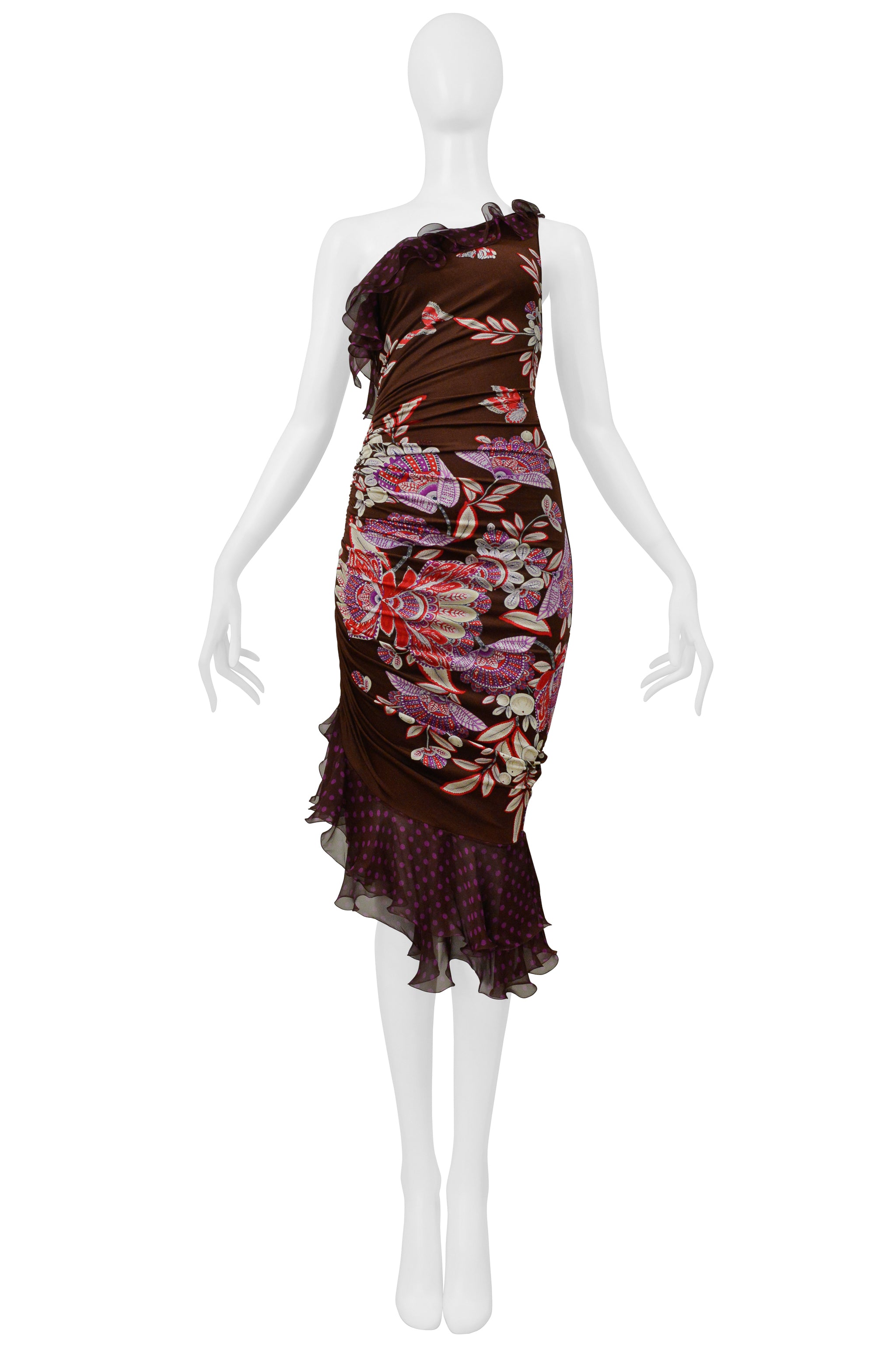 UNGARO BY GIAMBATTISTA VALLI ASYMMETRICAL BROWN AND PURPLE FLORAL POLKA DOT DRESS 2003