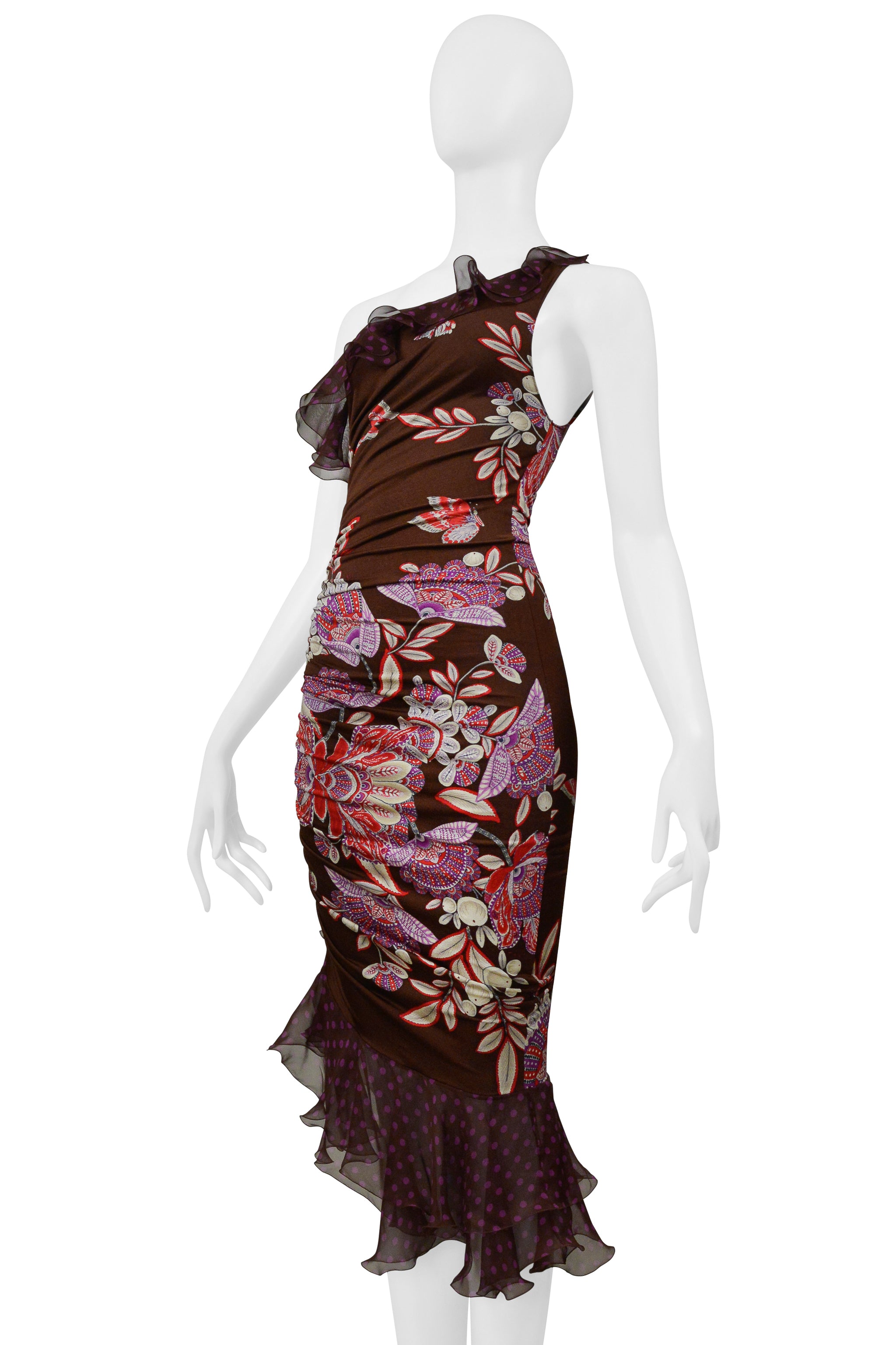UNGARO BY GIAMBATTISTA VALLI ASYMMETRICAL BROWN AND PURPLE FLORAL POLKA DOT DRESS 2003