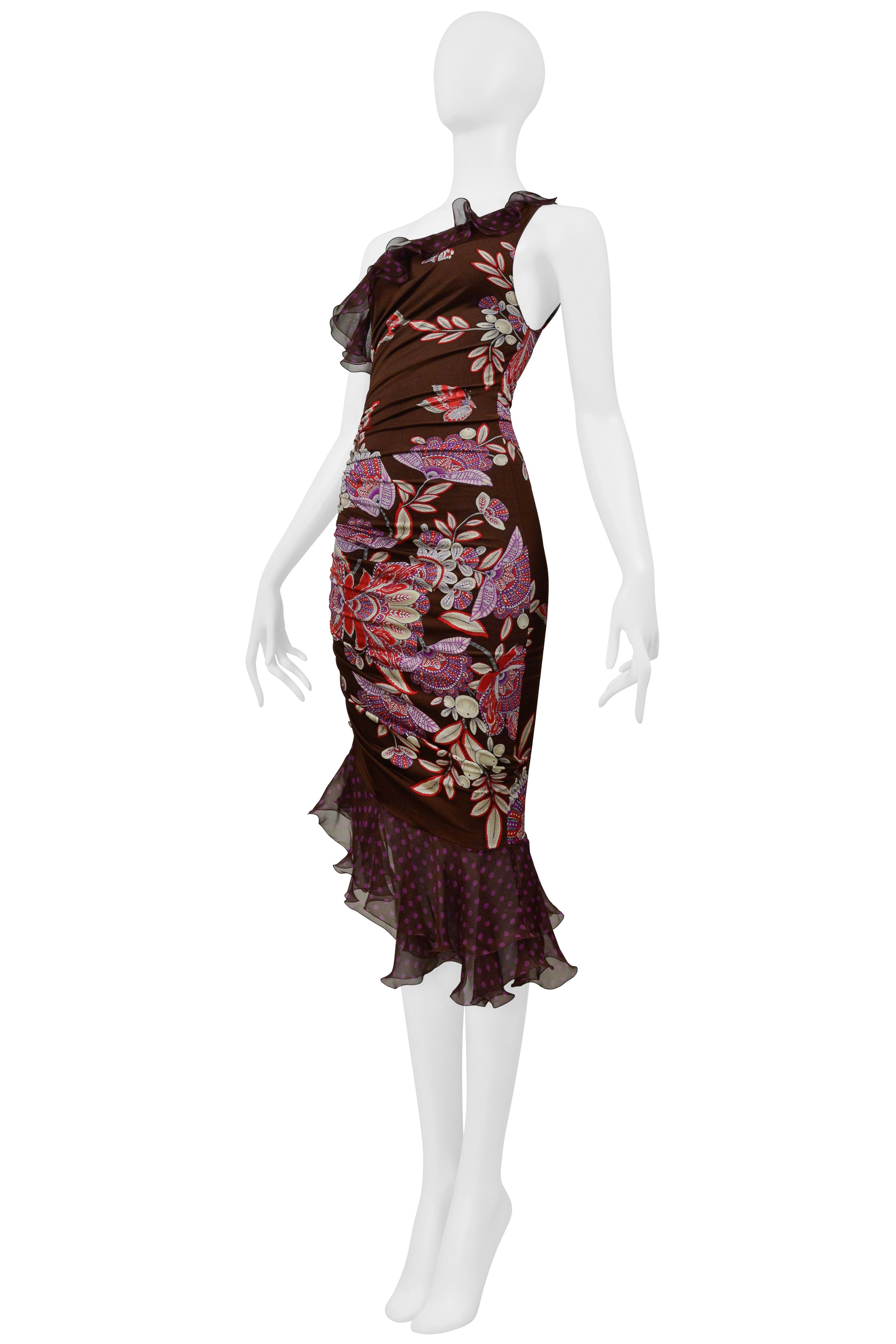 UNGARO BY GIAMBATTISTA VALLI ASYMMETRICAL BROWN AND PURPLE FLORAL POLKA DOT DRESS 2003
