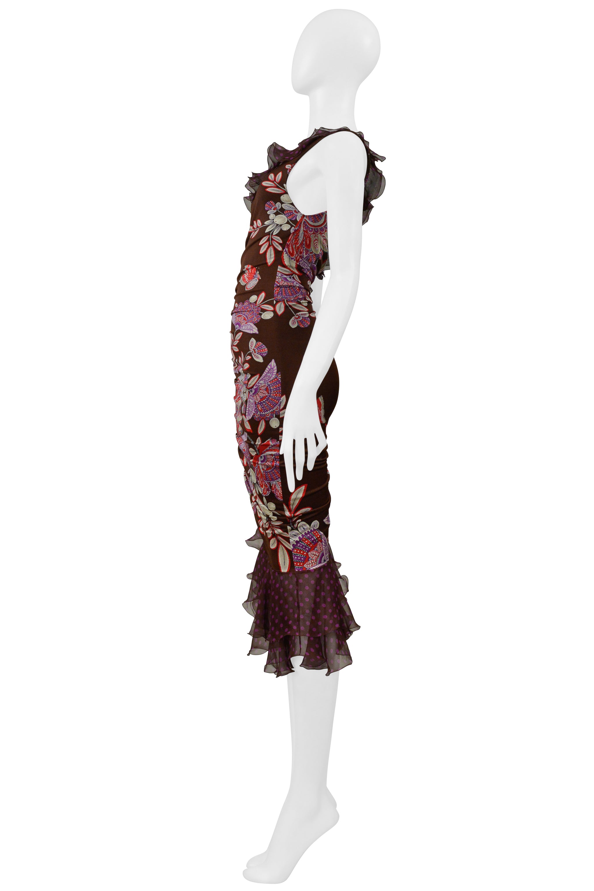 UNGARO BY GIAMBATTISTA VALLI ASYMMETRICAL BROWN AND PURPLE FLORAL POLKA DOT DRESS 2003