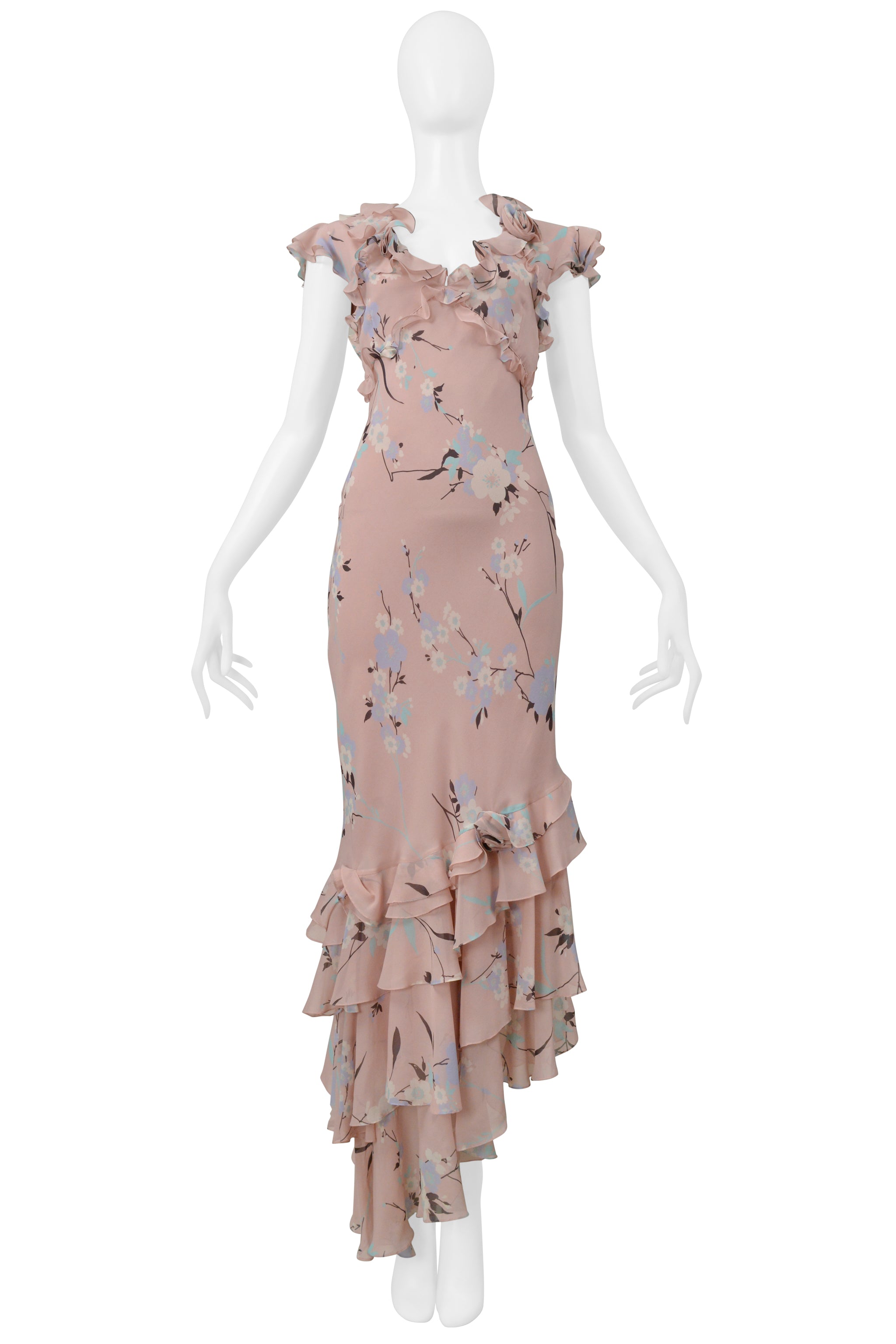UNGARO DUSTY PINK FLORAL SLIP DRESS WITH RUFFLES