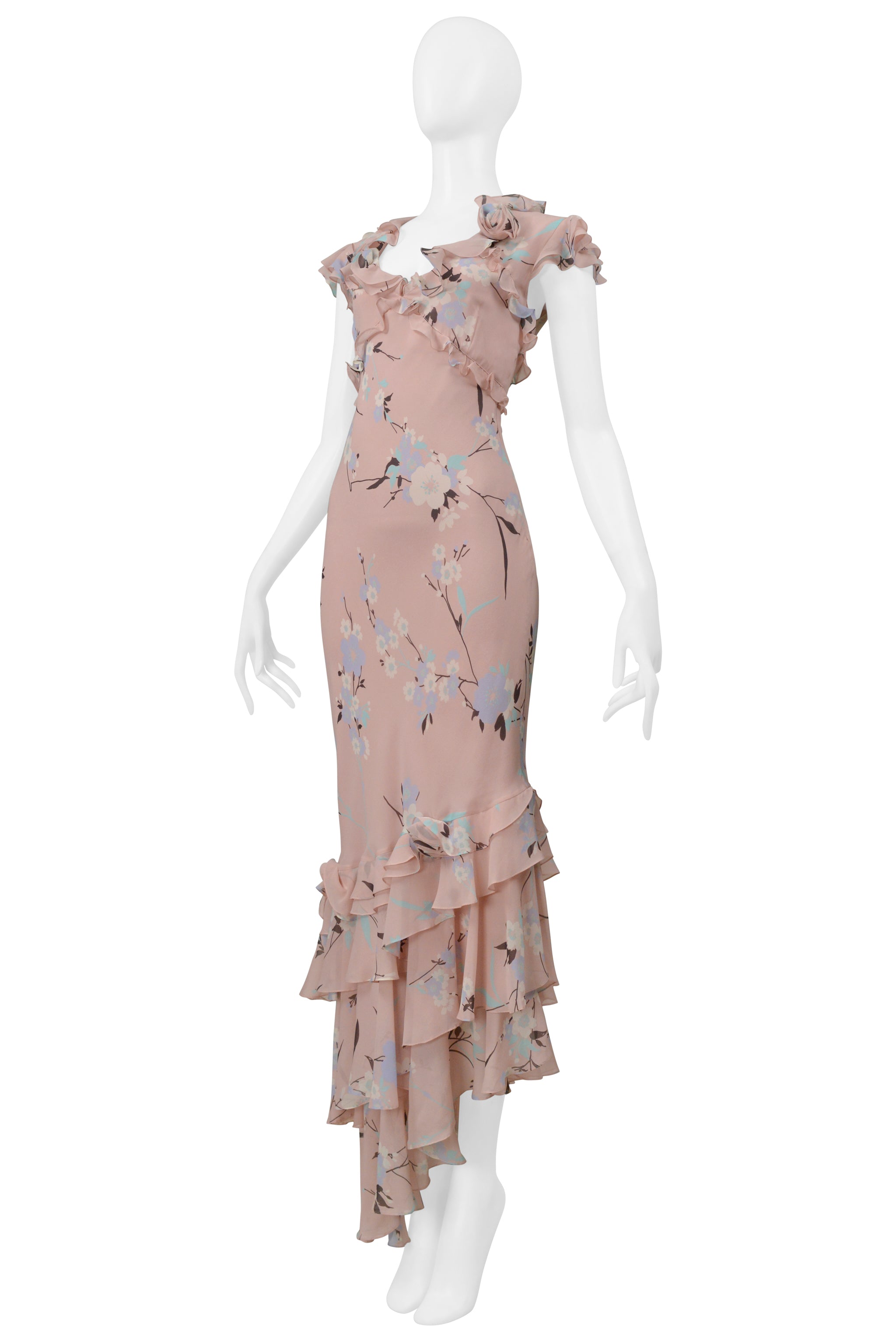 UNGARO DUSTY PINK FLORAL SLIP DRESS WITH RUFFLES