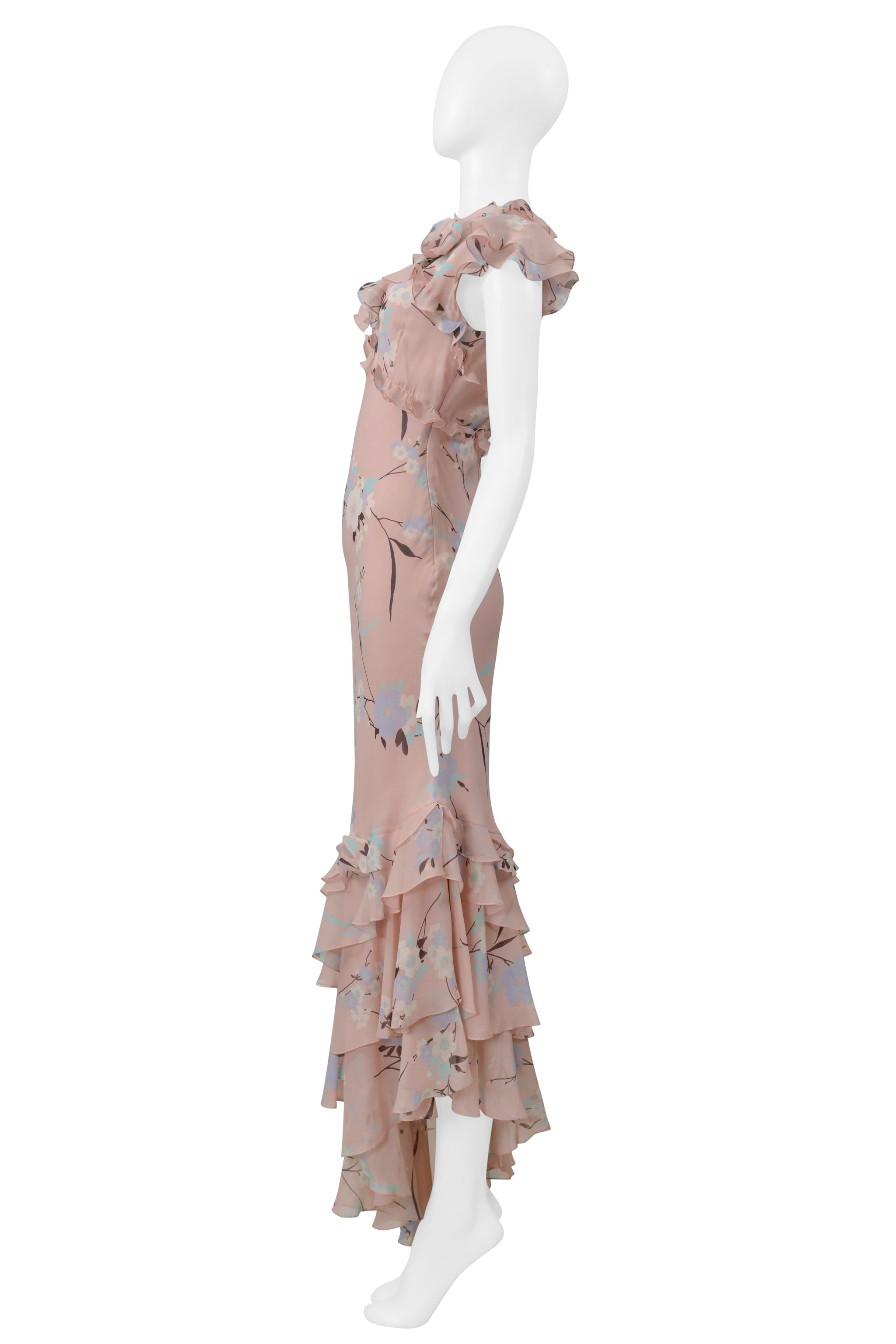 UNGARO DUSTY PINK FLORAL SLIP DRESS WITH RUFFLES