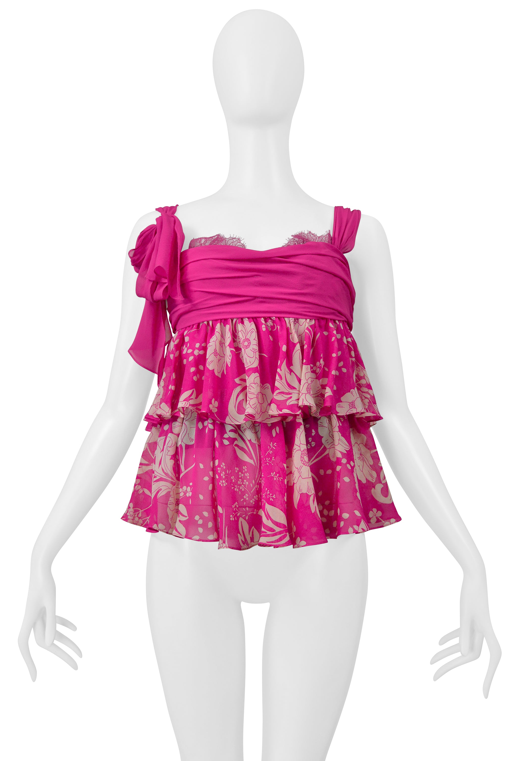 UNGARO HOT PINK FLORAL PRINT CAMISOLE TOP WITH LACE