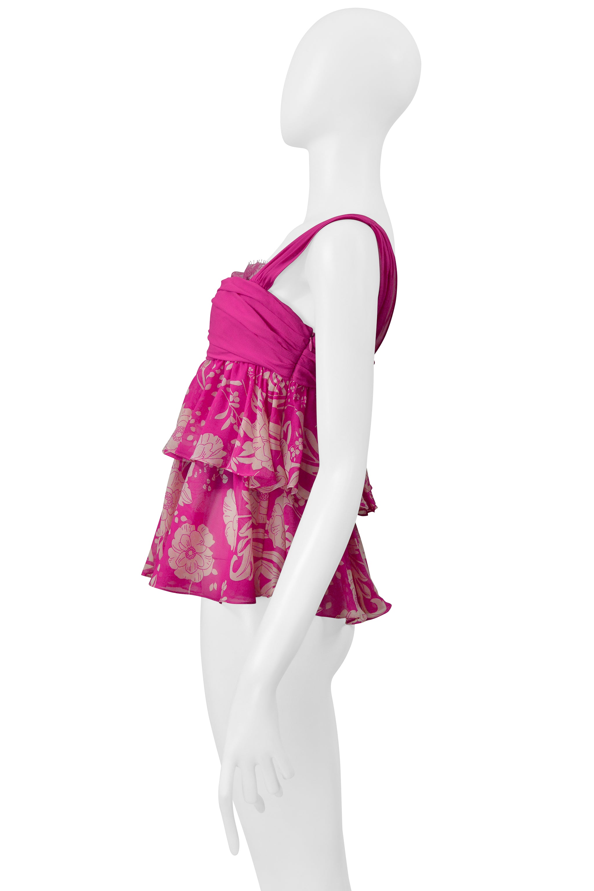 UNGARO HOT PINK FLORAL PRINT CAMISOLE TOP WITH LACE
