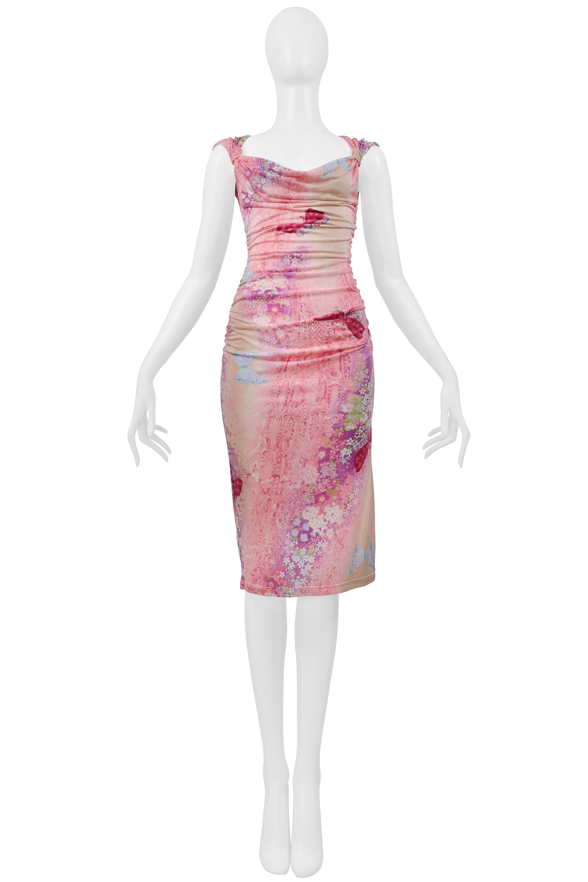 UNGARO BY GIAMBATTISTA VALLI PINK AND PURPLE BUTTERFLY PRINT WIGGLE DRESS