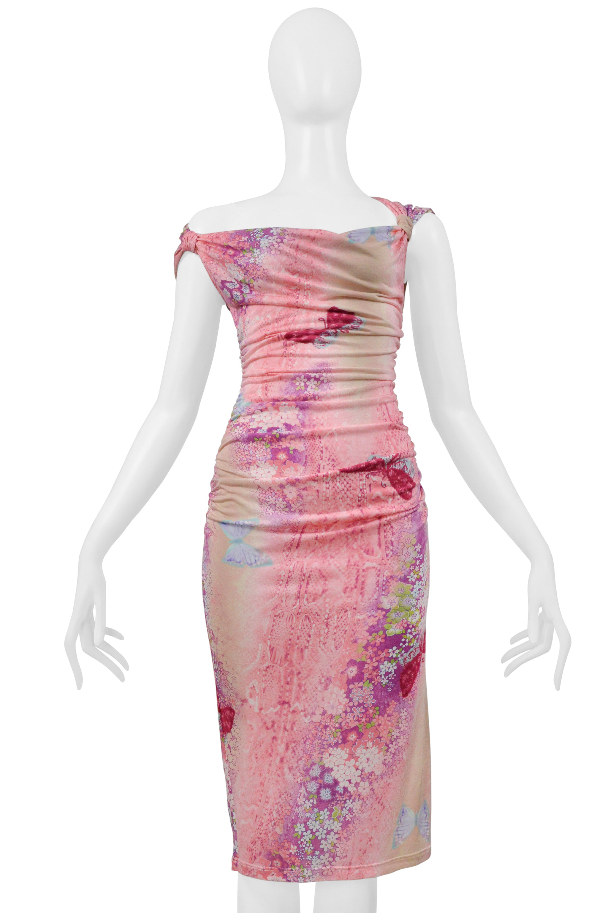 UNGARO BY GIAMBATTISTA VALLI PINK AND PURPLE BUTTERFLY PRINT WIGGLE DRESS