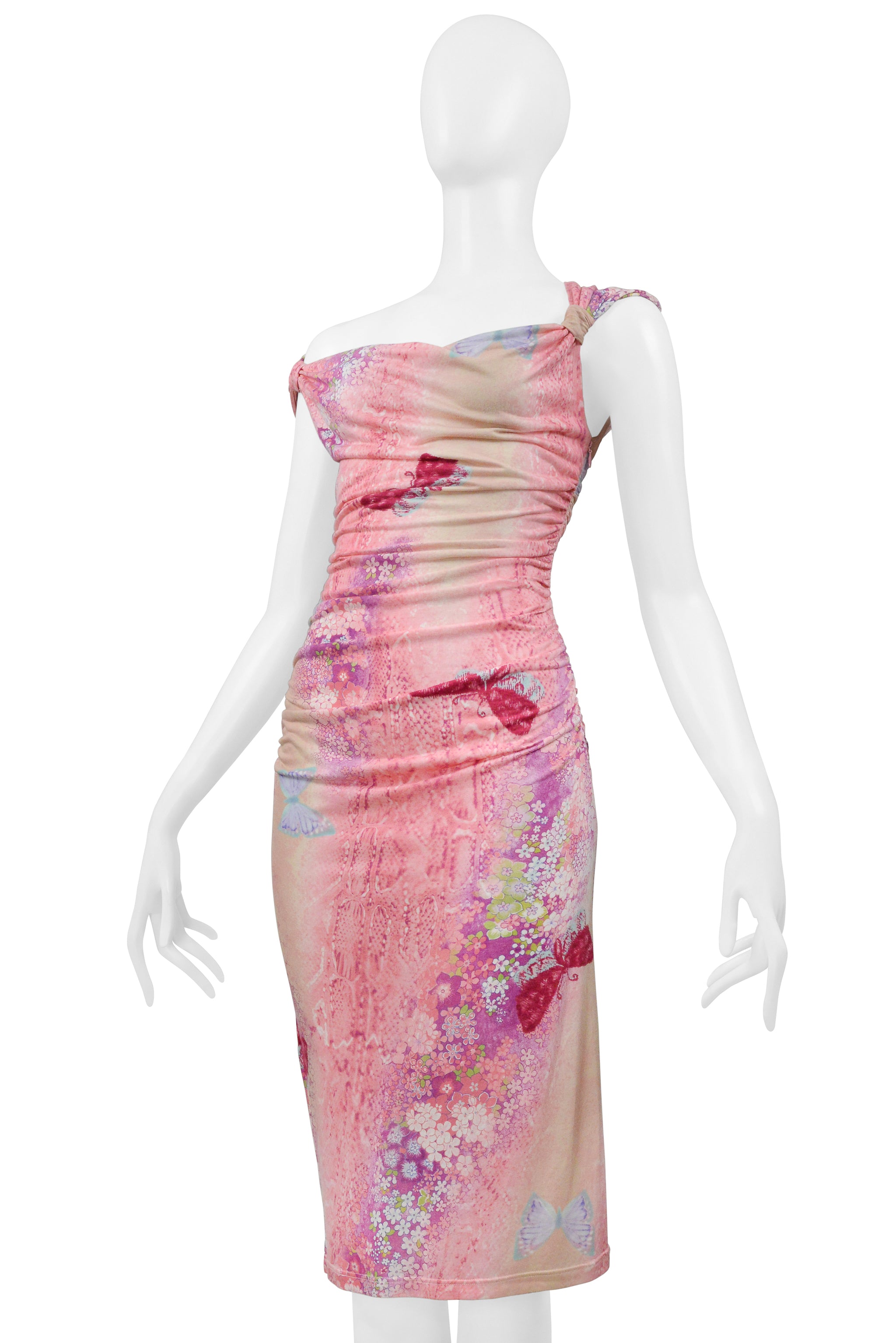 UNGARO BY GIAMBATTISTA VALLI PINK AND PURPLE BUTTERFLY PRINT WIGGLE DRESS