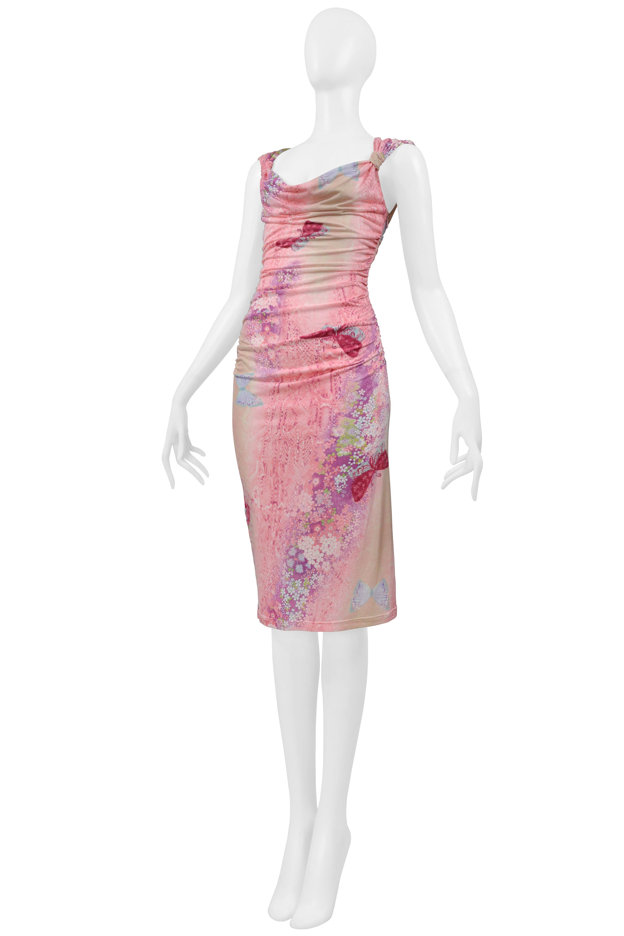 UNGARO BY GIAMBATTISTA VALLI PINK AND PURPLE BUTTERFLY PRINT WIGGLE DRESS
