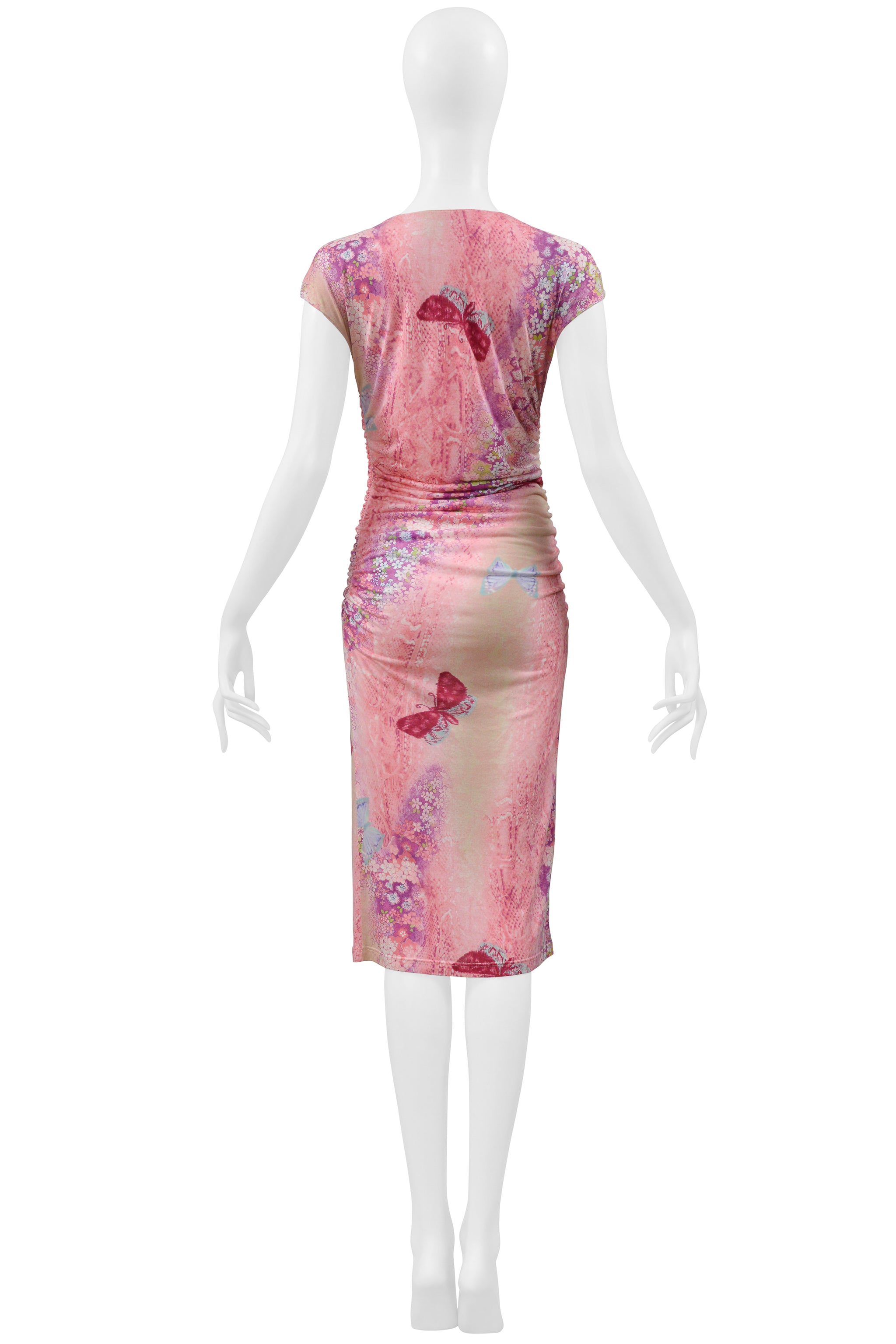 UNGARO BY GIAMBATTISTA VALLI PINK AND PURPLE BUTTERFLY PRINT WIGGLE DRESS