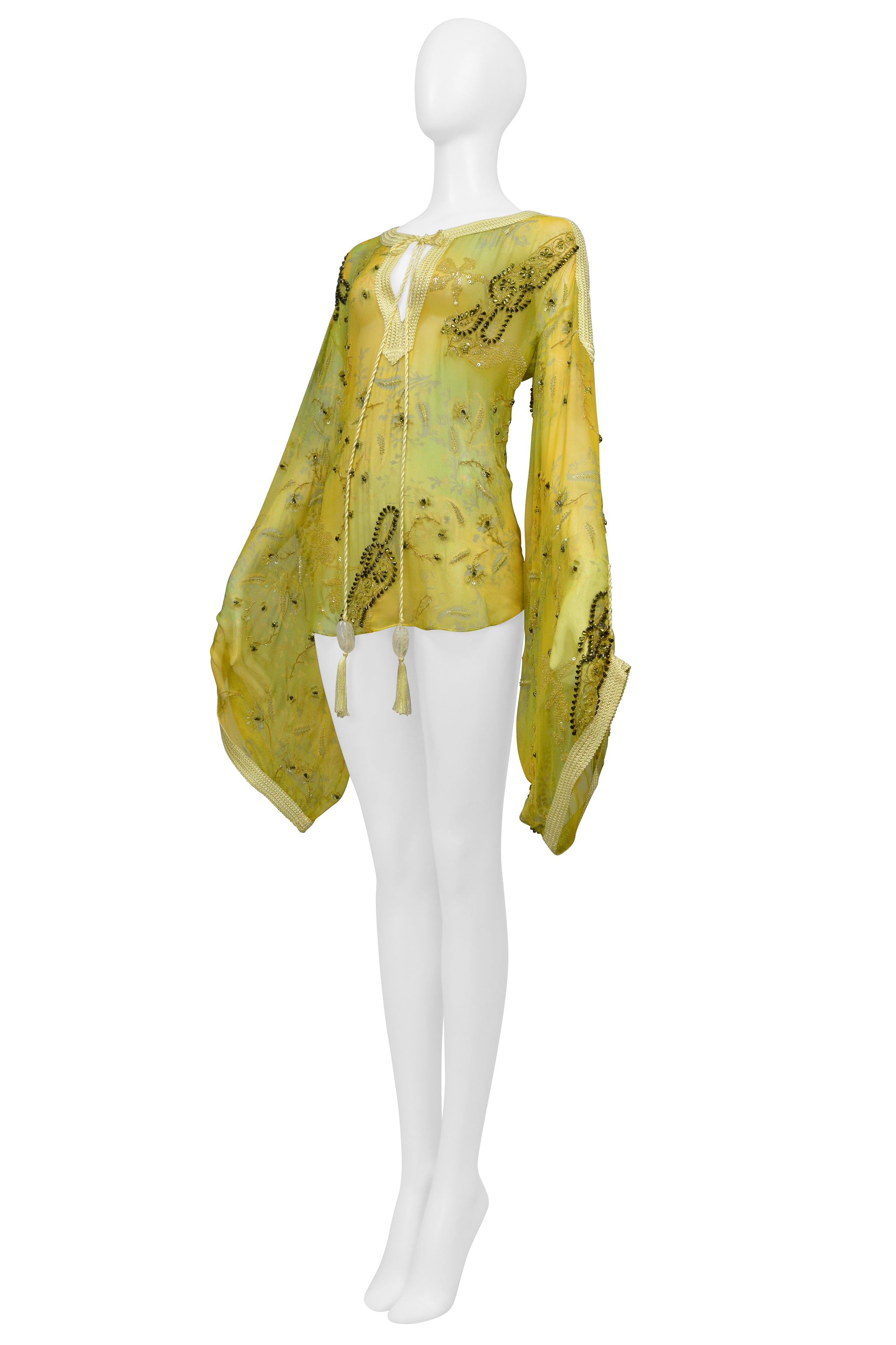 UNGARO YELLOW AND GREEN EMBROIDERED BEAD SILK BLOUSE TOP