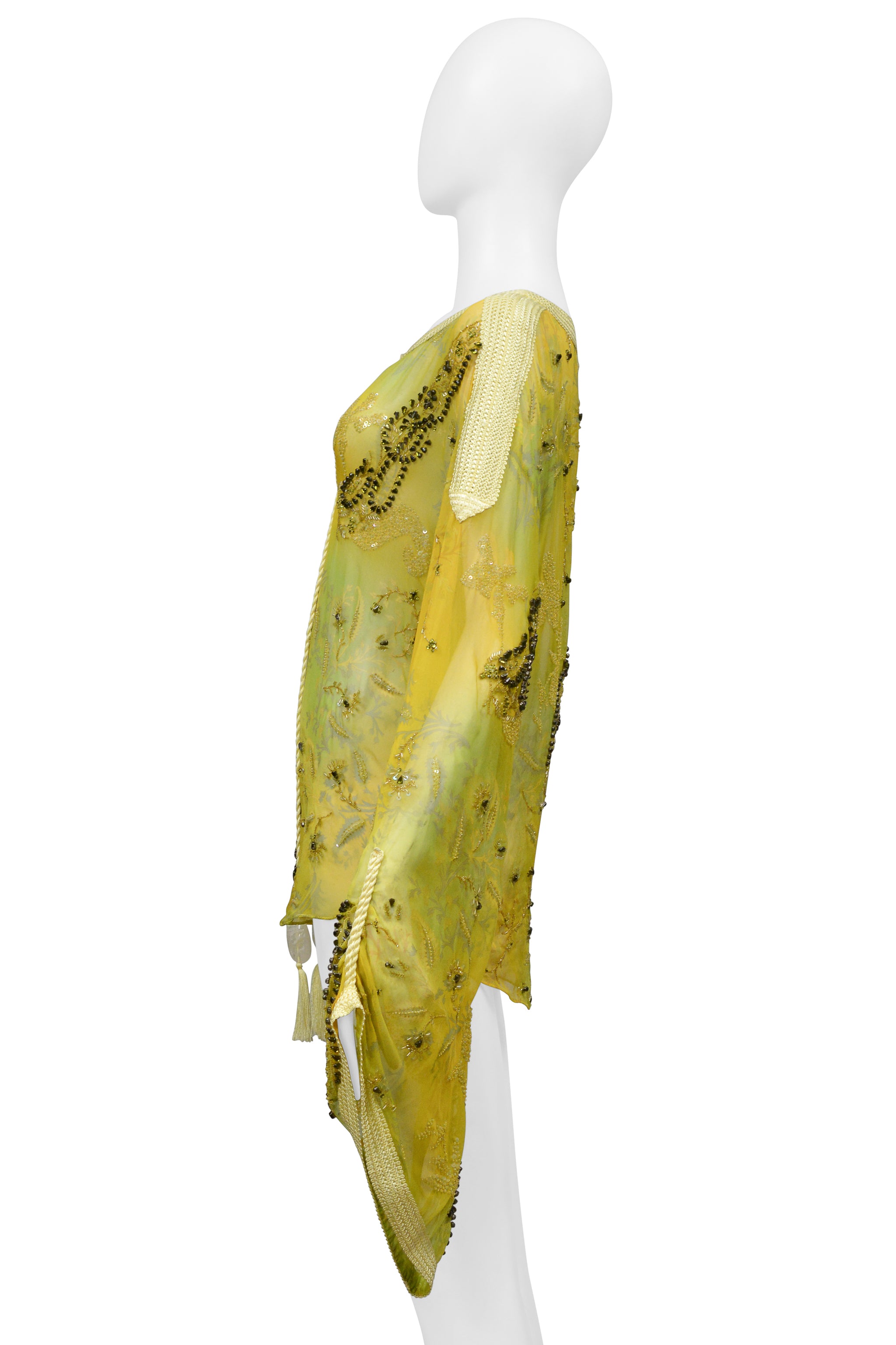 UNGARO YELLOW AND GREEN EMBROIDERED BEAD SILK BLOUSE TOP