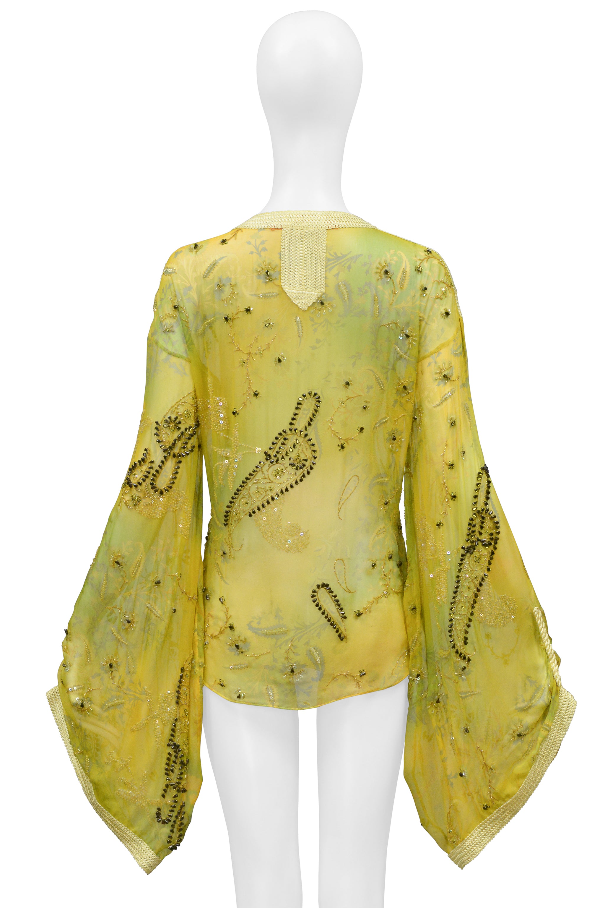 UNGARO YELLOW AND GREEN EMBROIDERED BEAD SILK BLOUSE TOP