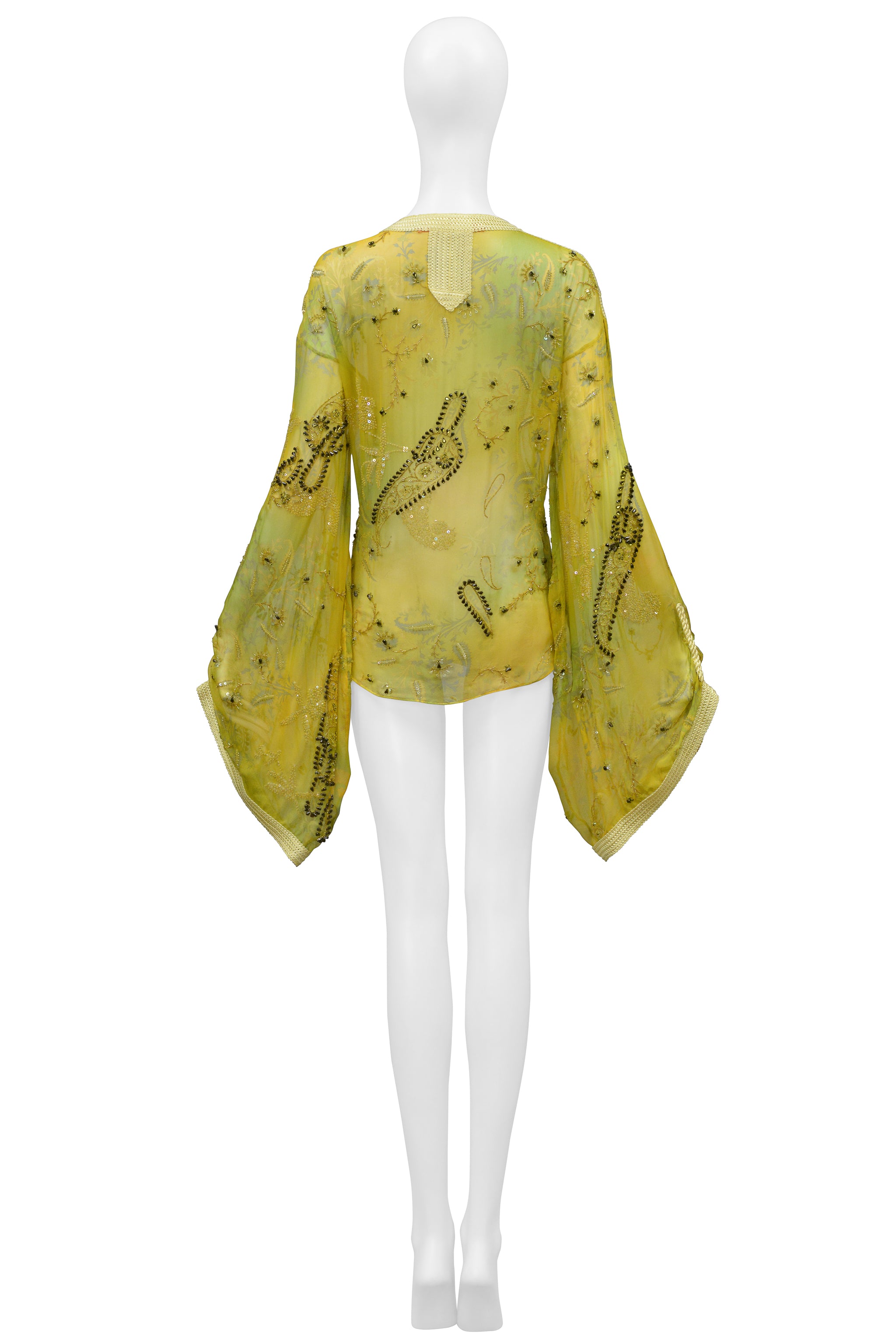 UNGARO YELLOW AND GREEN EMBROIDERED BEAD SILK BLOUSE TOP
