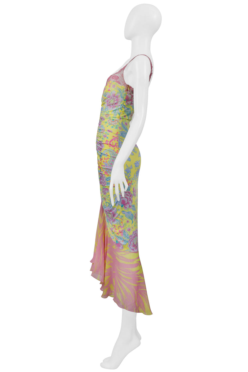UNGARO BY GIAMBATTISTA VALLI YELLOW AND PINK FLORAL MIXED PRINT DRESS