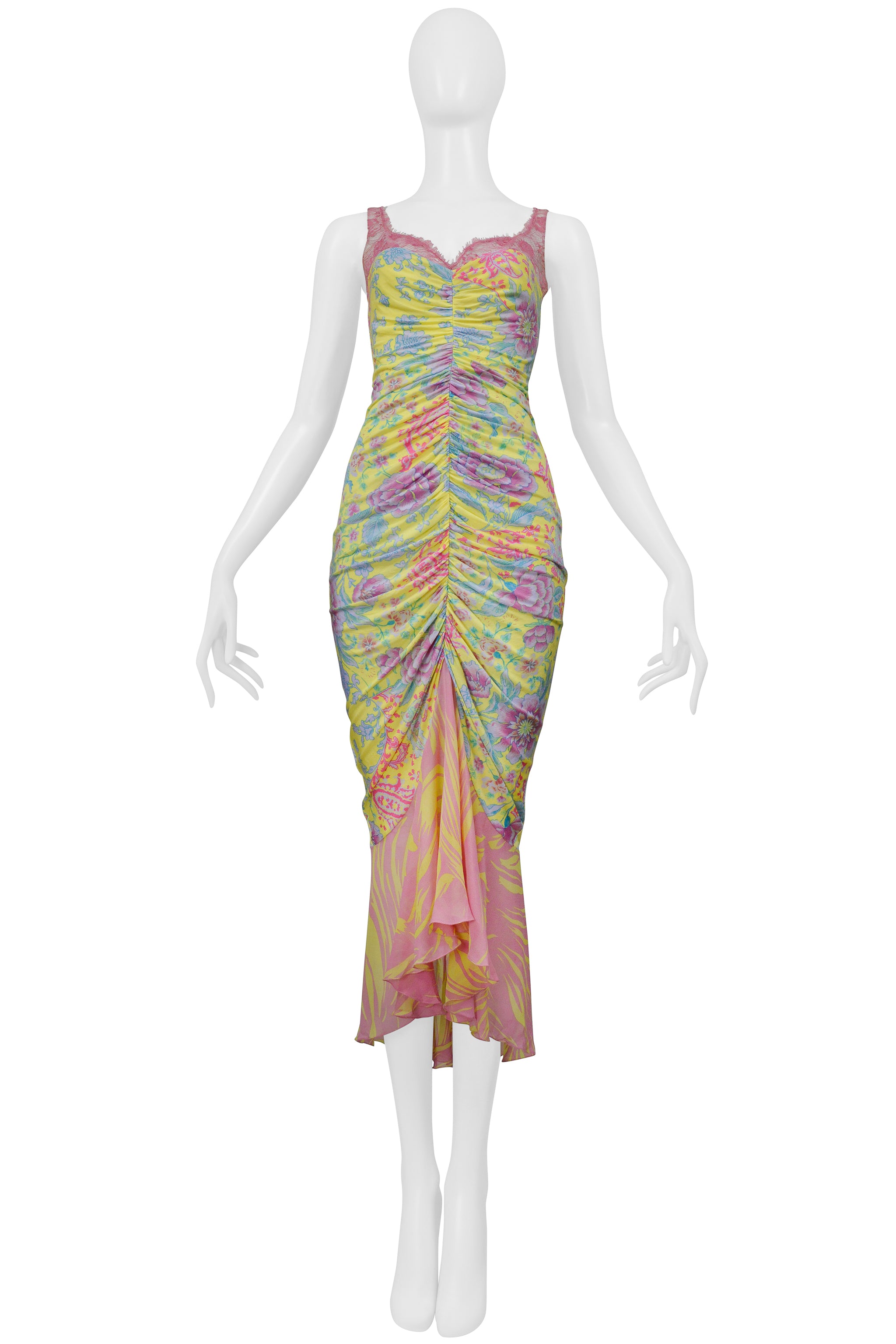 UNGARO BY GIAMBATTISTA VALLI YELLOW AND PINK FLORAL MIXED PRINT DRESS