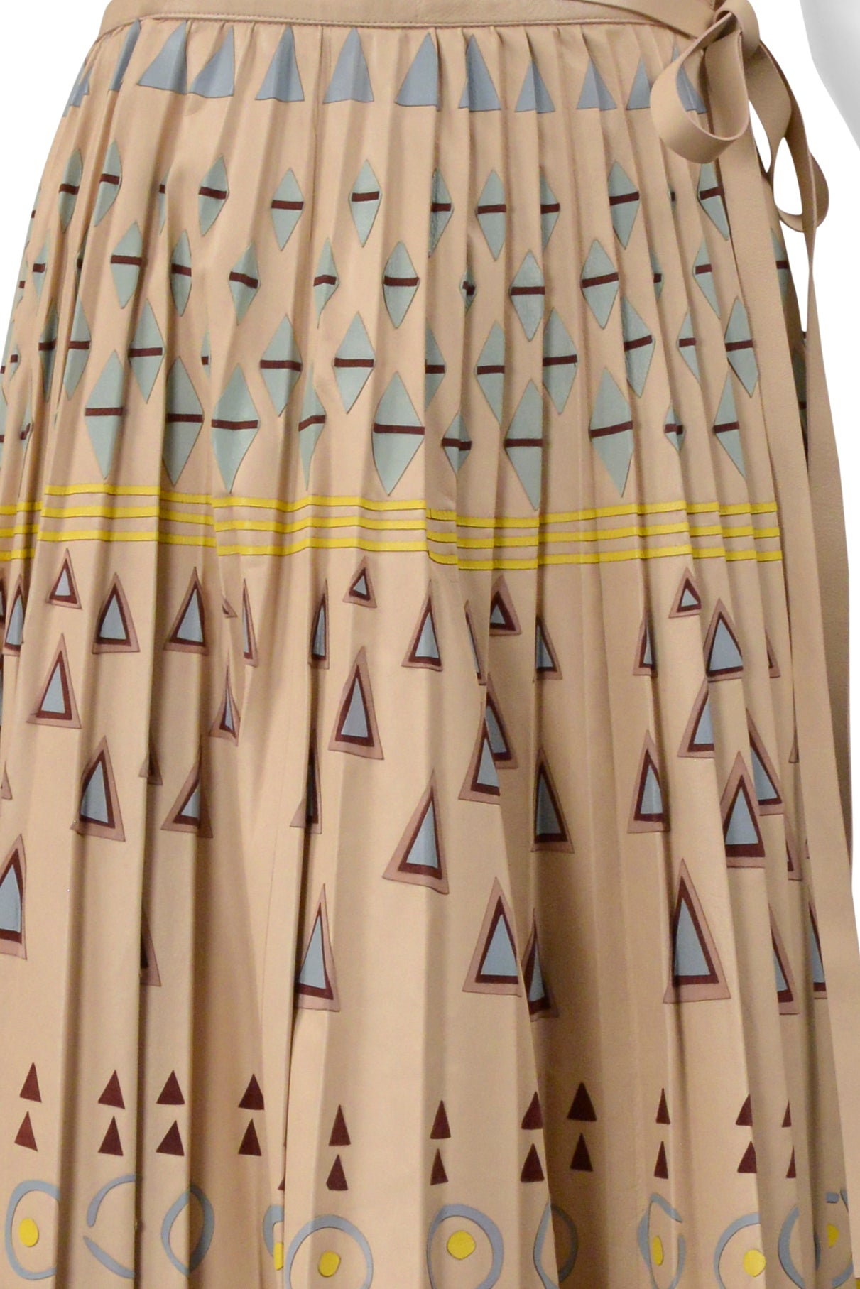 VALENTINO BROWN LEATHER SKIRT WITH PAINTED GEOMETRIC PRINT AND APPLIQUES 2016