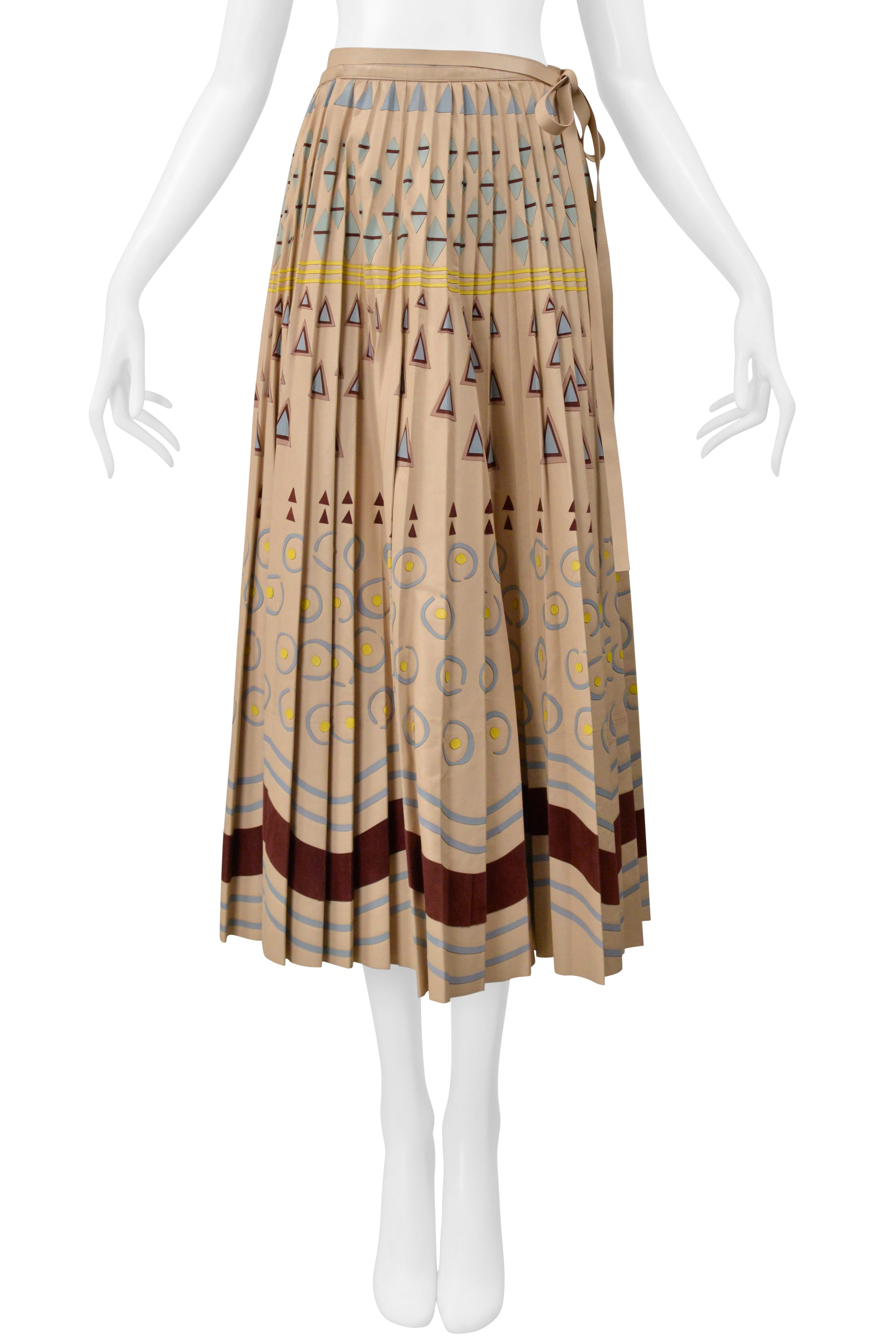 VALENTINO BROWN LEATHER SKIRT WITH PAINTED GEOMETRIC PRINT AND APPLIQUES 2016