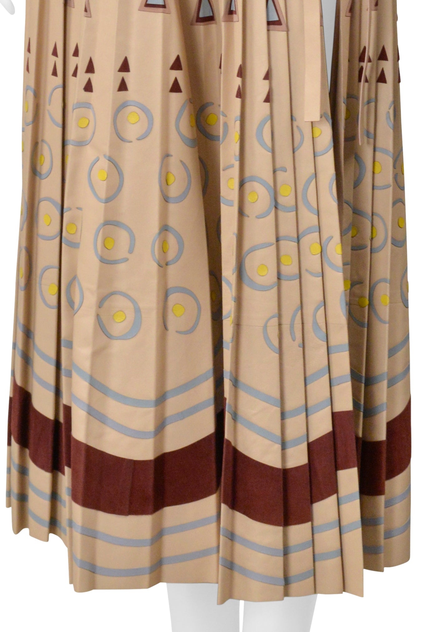 VALENTINO BROWN LEATHER SKIRT WITH PAINTED GEOMETRIC PRINT AND APPLIQUES 2016