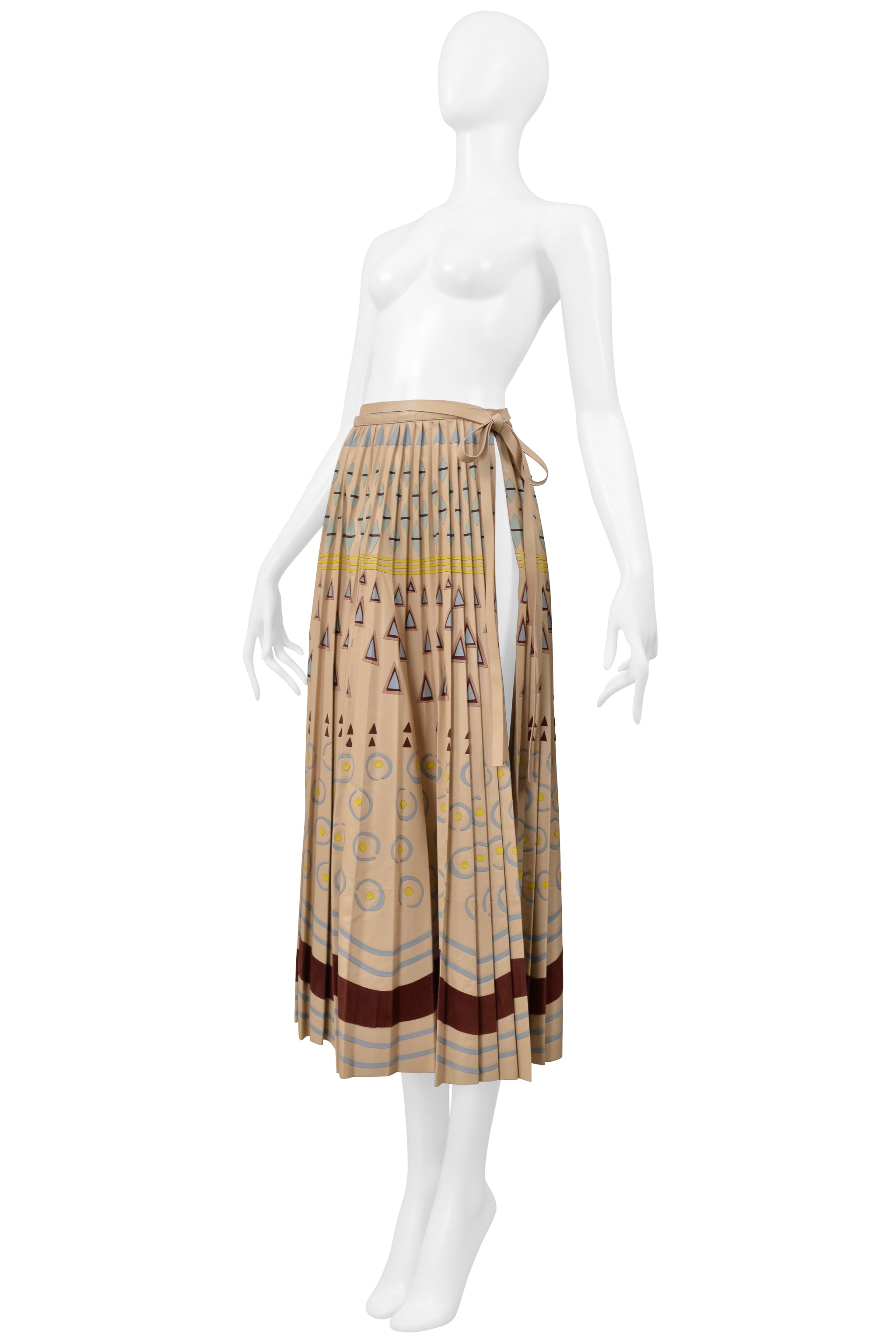 VALENTINO BROWN LEATHER SKIRT WITH PAINTED GEOMETRIC PRINT AND APPLIQUES 2016