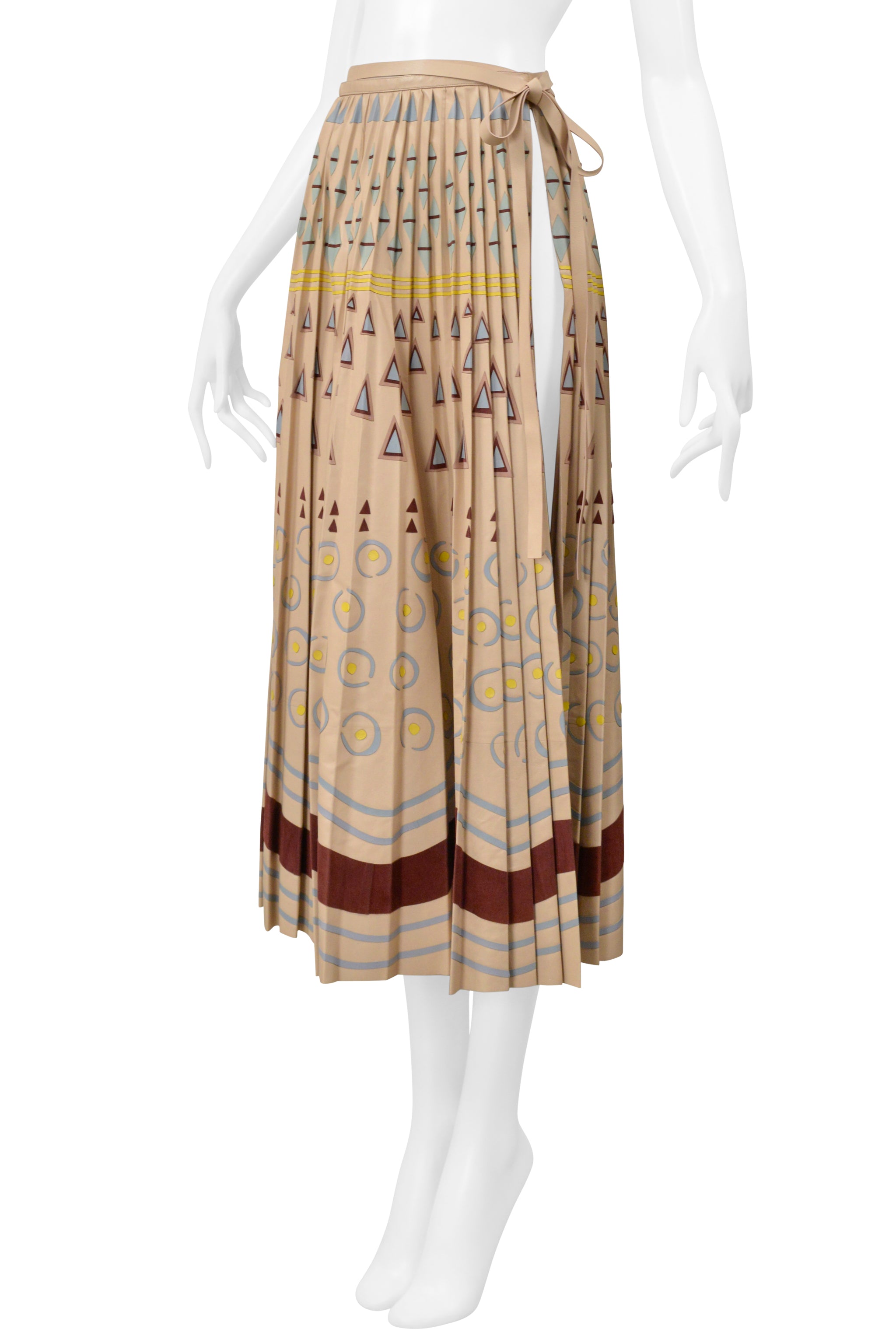 VALENTINO BROWN LEATHER SKIRT WITH PAINTED GEOMETRIC PRINT AND APPLIQUES 2016