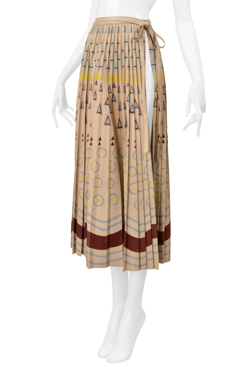 VALENTINO BROWN LEATHER SKIRT WITH PAINTED GEOMETRIC PRINT AND APPLIQUES 2016