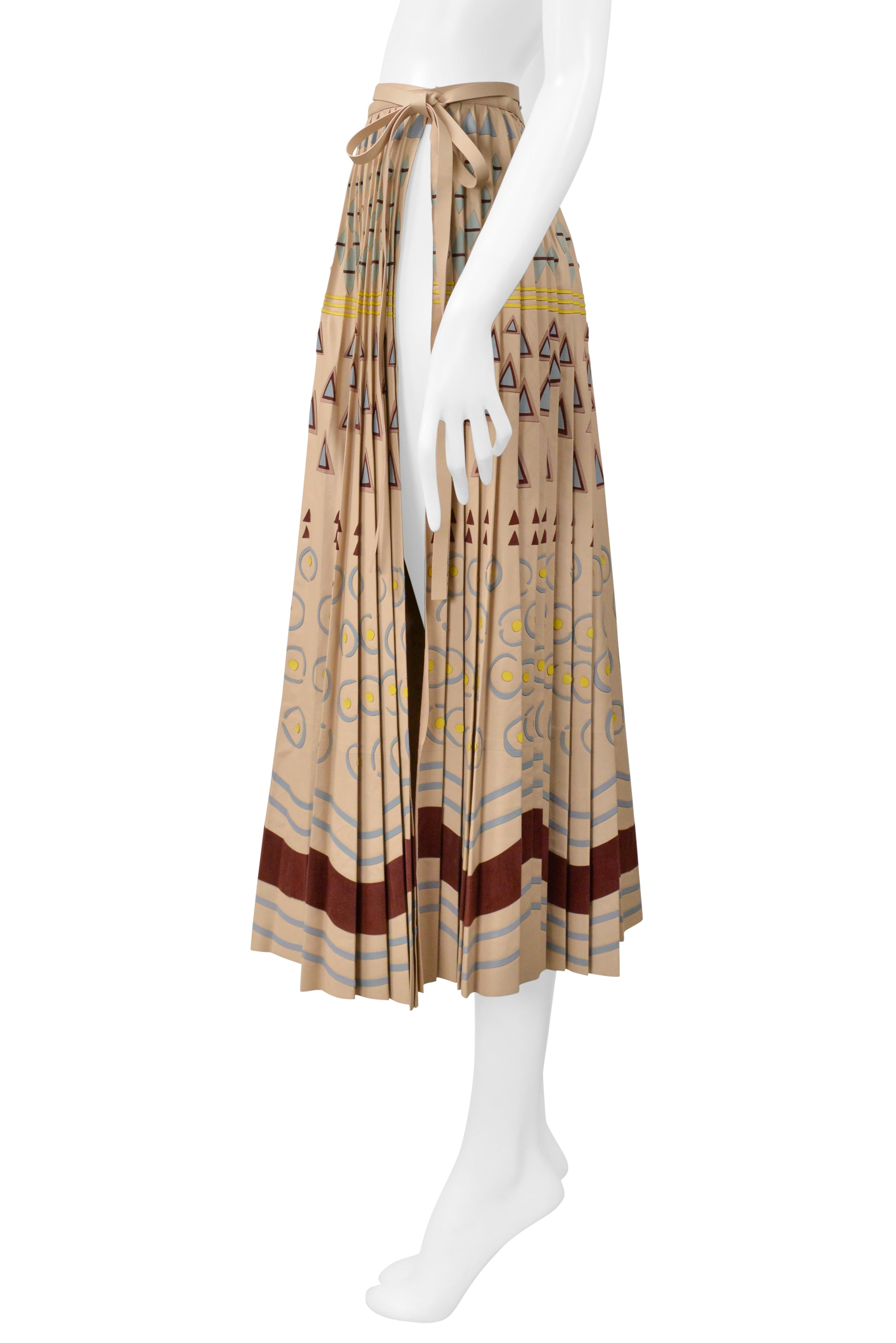 VALENTINO BROWN LEATHER SKIRT WITH PAINTED GEOMETRIC PRINT AND APPLIQUES 2016