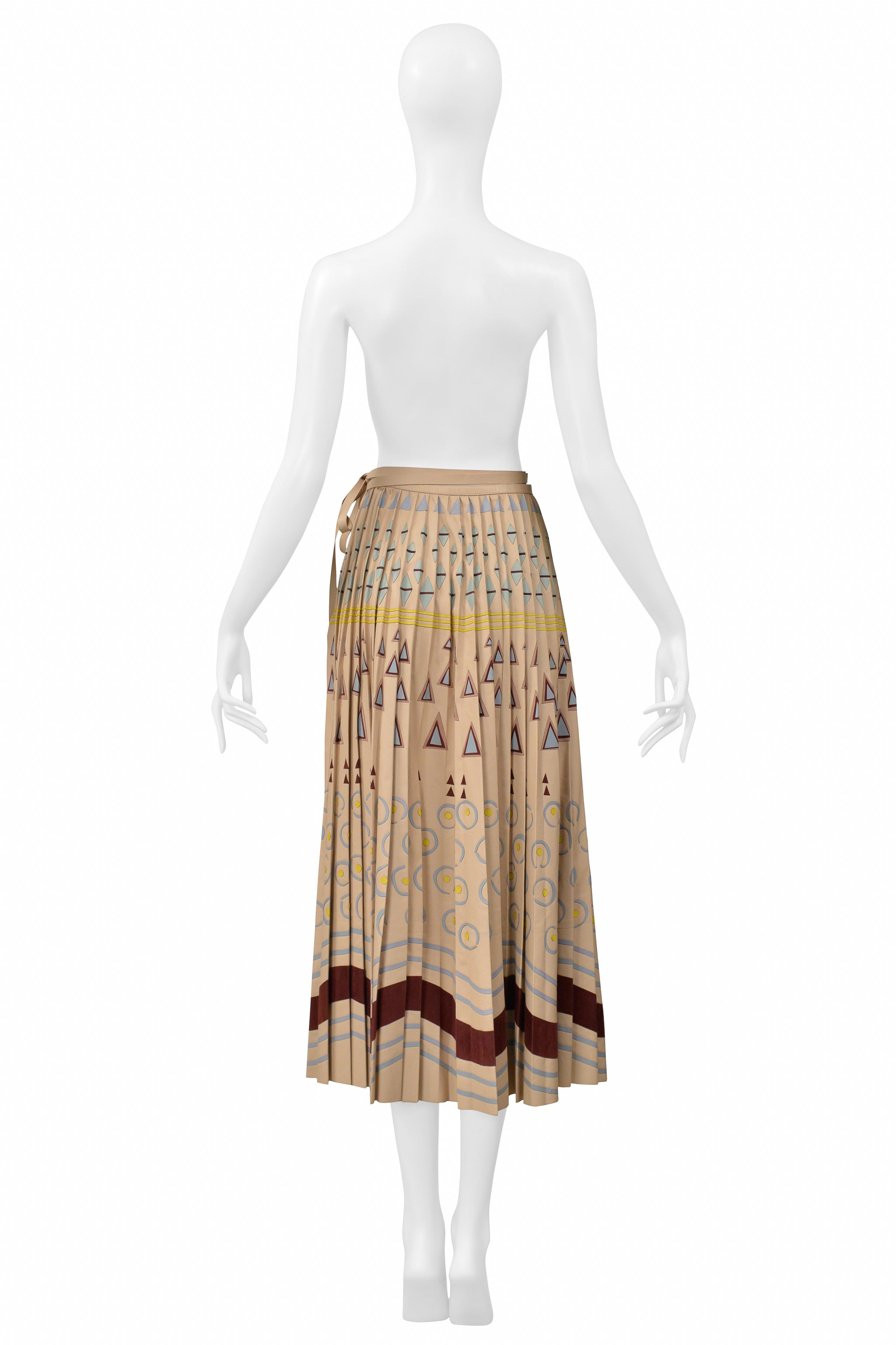 VALENTINO BROWN LEATHER SKIRT WITH PAINTED GEOMETRIC PRINT AND APPLIQUES 2016