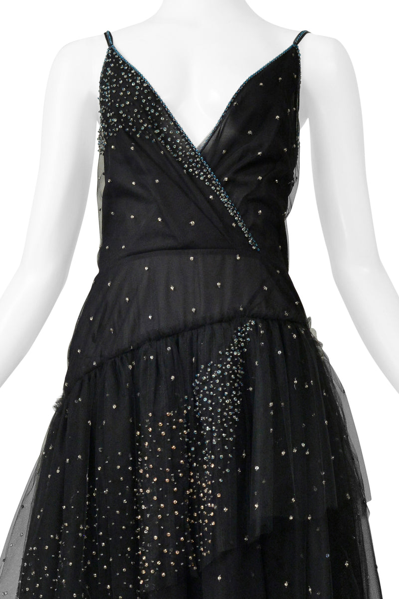 VALENTINO 2016 BLACK TULLE "CONSTELLATION" SLIP DRESS WITH BEADING