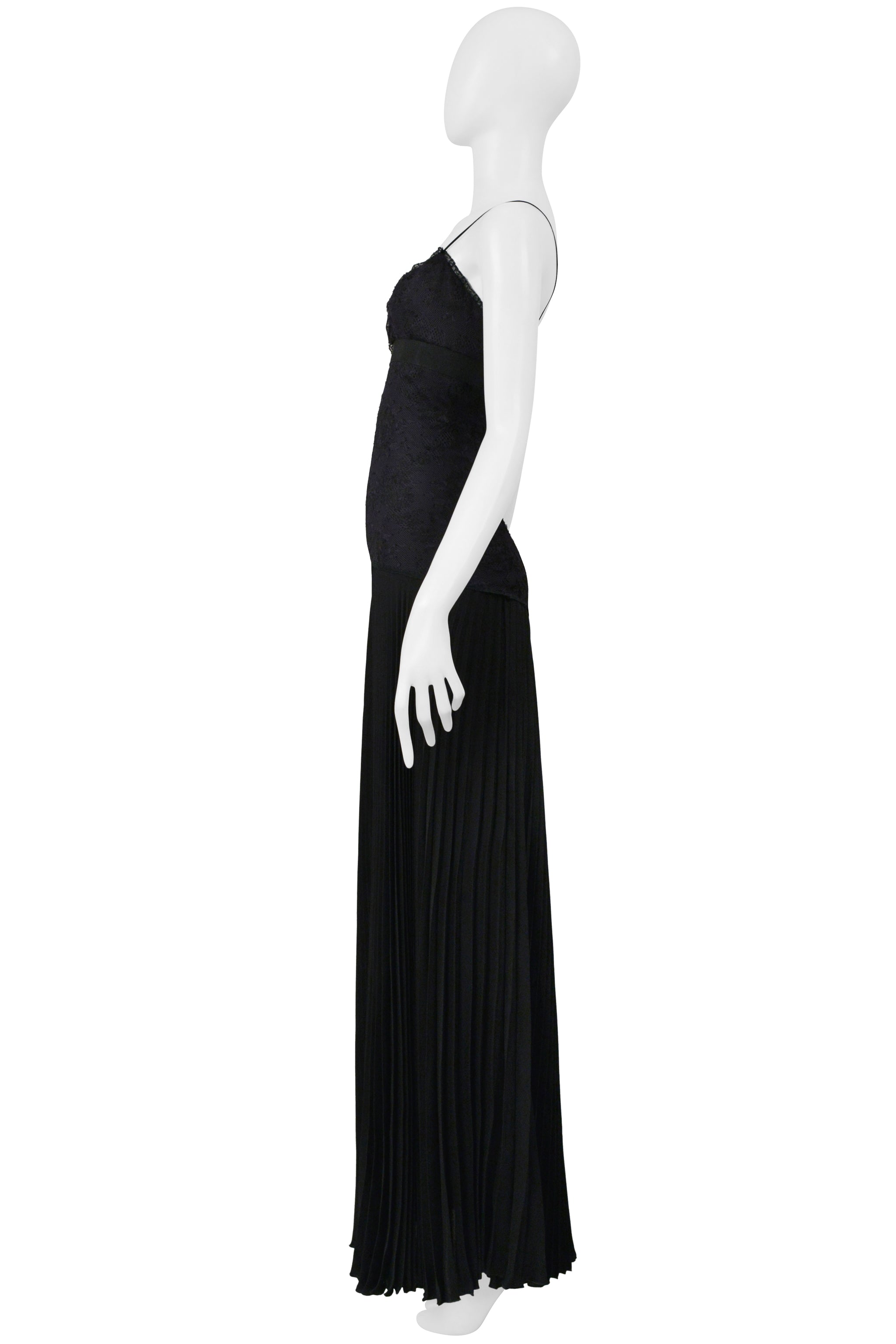 VALENTINO BLACK LACE EVENING GOWN WITH PLEATED SKIRT