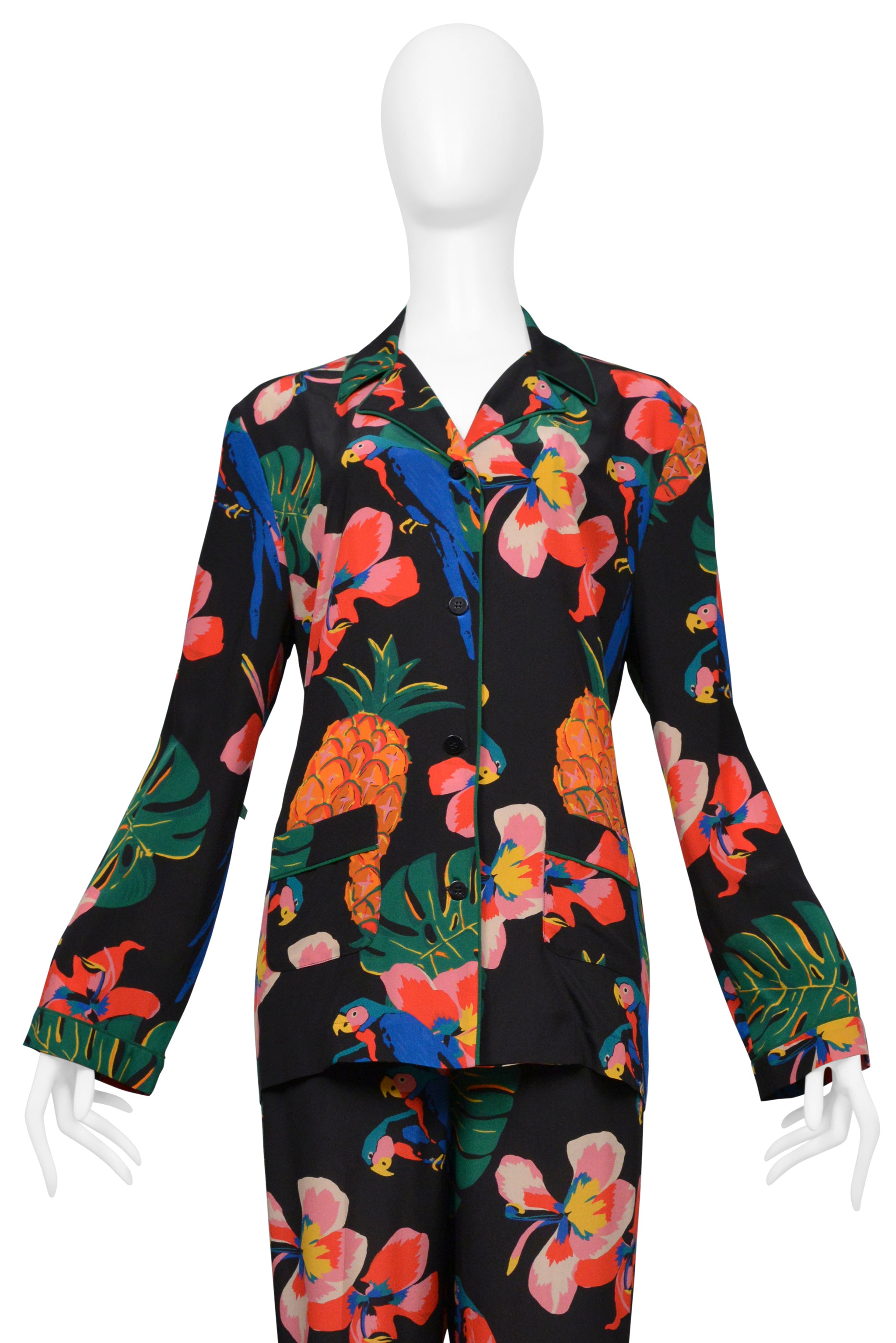 VALENTINO BLACK WITH TROPICAL PRINT SILK PAJAMA SHIRT AND PANTS ENSEMBLE