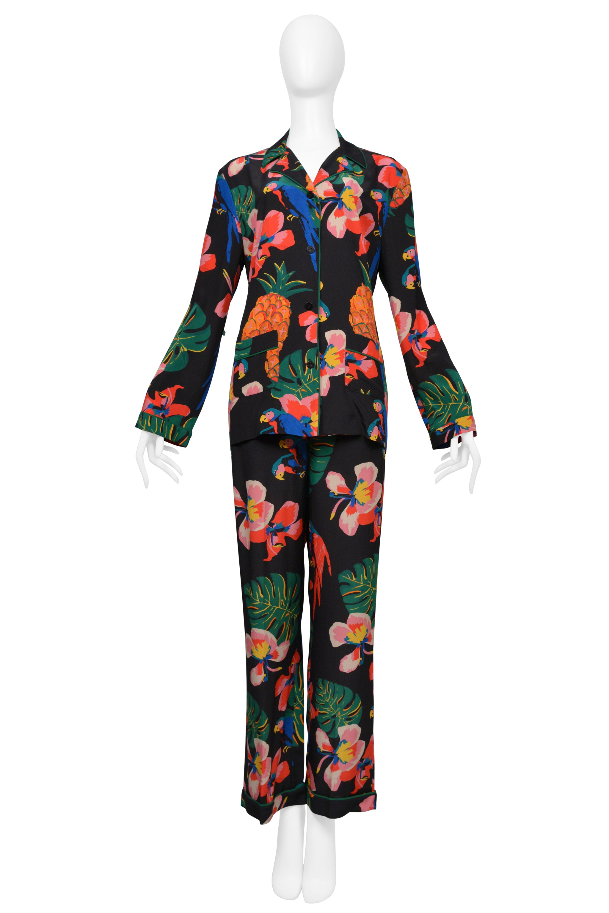 VALENTINO BLACK WITH TROPICAL PRINT SILK PAJAMA SHIRT AND PANTS ENSEMBLE