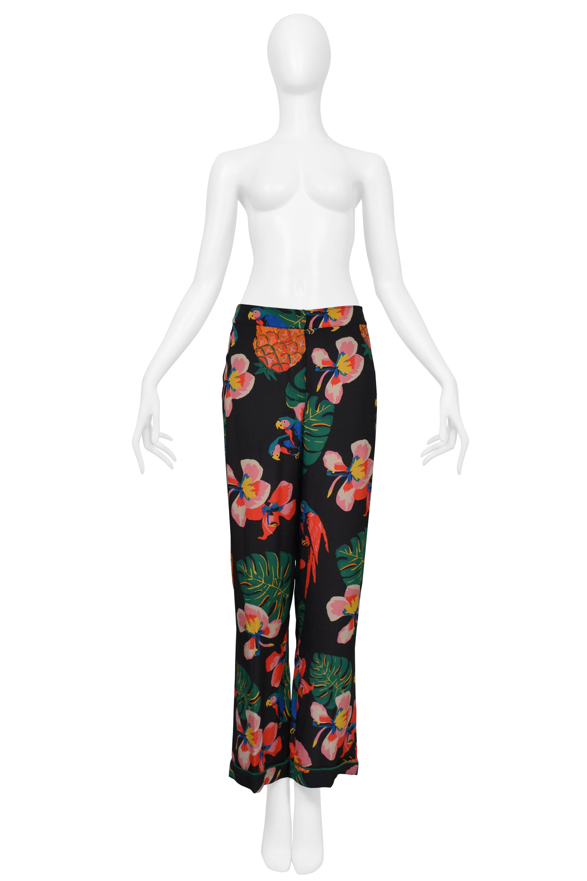 VALENTINO BLACK WITH TROPICAL PRINT SILK PAJAMA SHIRT AND PANTS ENSEMBLE