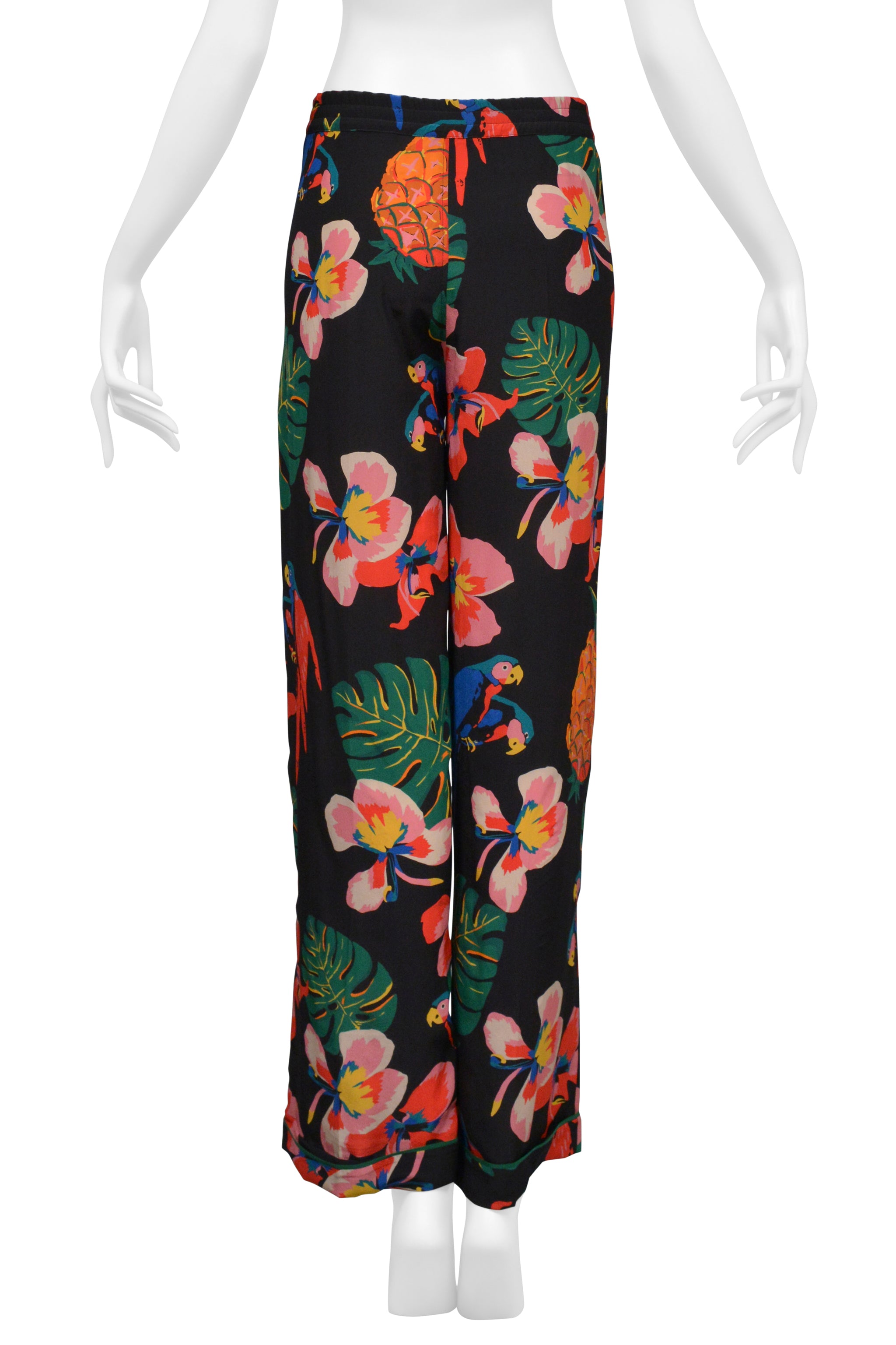 VALENTINO BLACK WITH TROPICAL PRINT SILK PAJAMA SHIRT AND PANTS ENSEMBLE