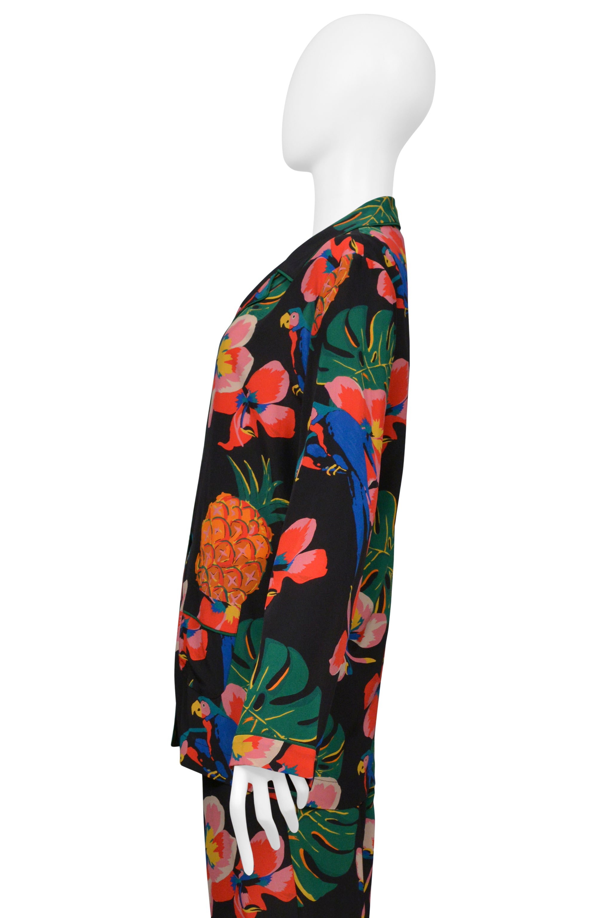 VALENTINO BLACK WITH TROPICAL PRINT SILK PAJAMA SHIRT AND PANTS ENSEMBLE